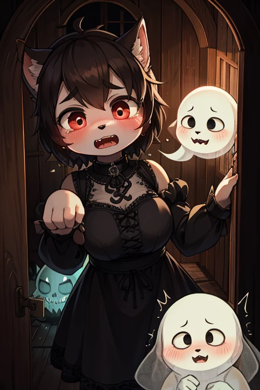 Hairy wolf mom , round face , moist round eyes , Swollen cheeks , scream , glossy lips , Gothic summer dress , in the Haunted house , could not hold pee in fear , (peeping traditional ghost:1.2) , escape , look of pain