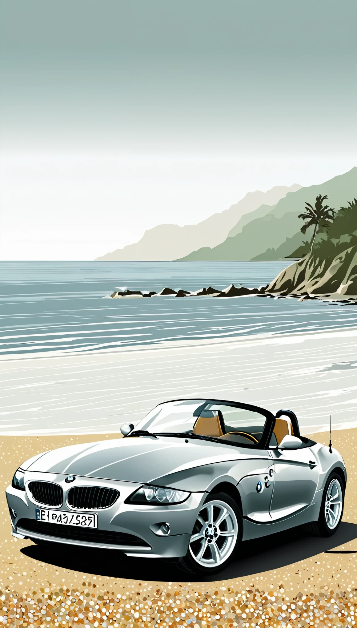 Magnifique BMW Z4 de 2005, grise, design graphic vintage année 50, beaucoup de détails, image vectorielle, Realistic, Beach background