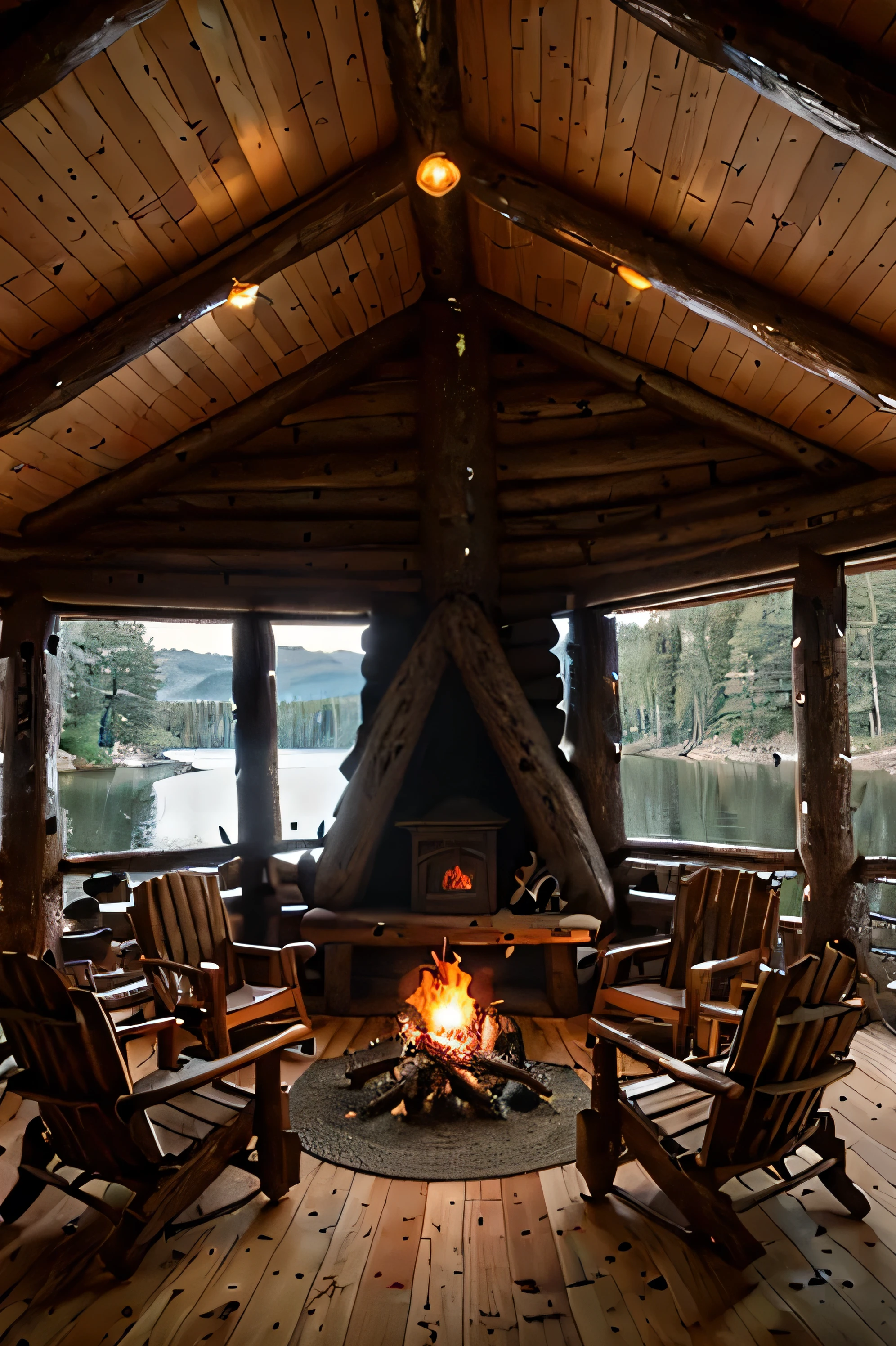 arafed log cabin with a fire in front of a lake, lake house, cabin in the woods, log cabin, build in a forest near of a lake, fire lit, cozy place, peaceful environment, bathed in the the glow of a fire, cottagecore, cottagecore!!, setting in nature, peaceful and serene