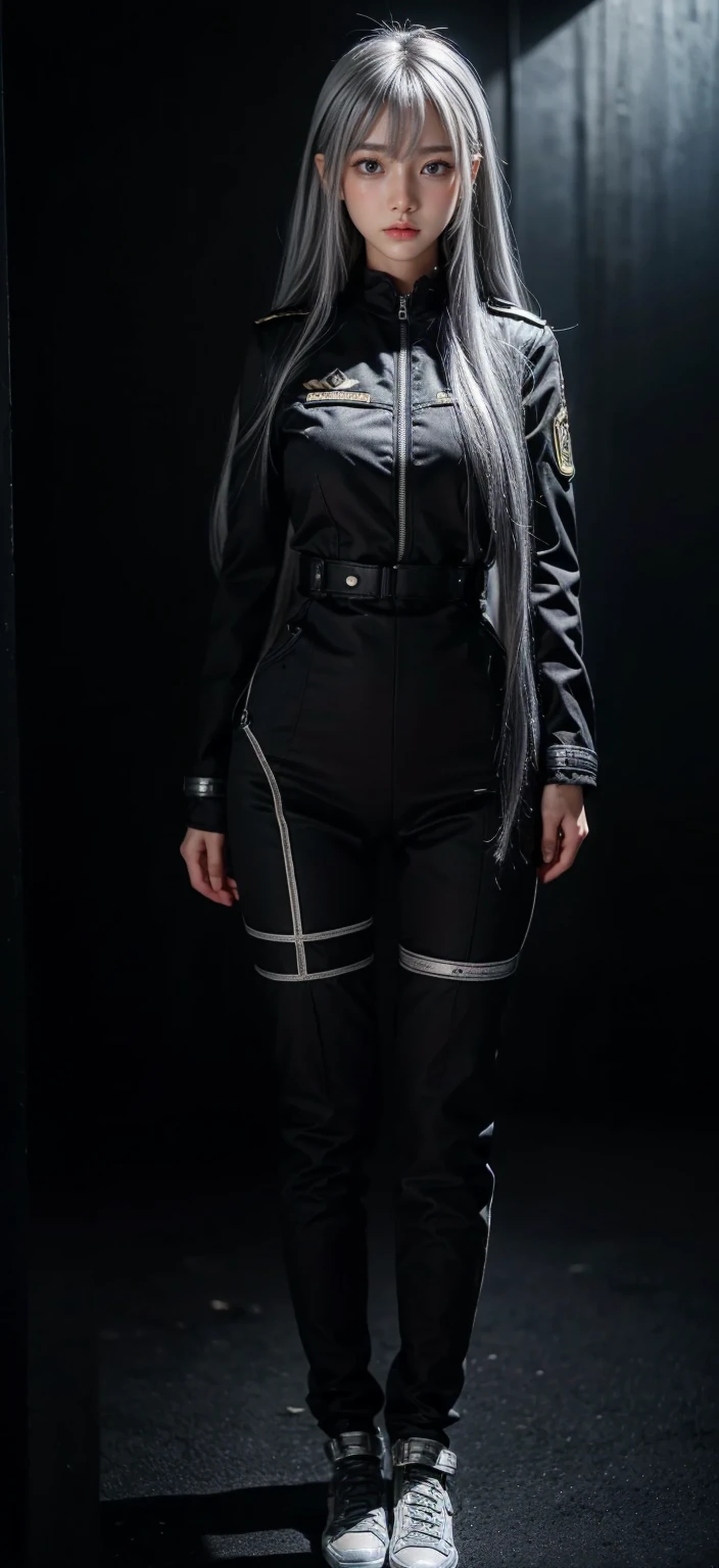 black military uniform,whole body,Height: 168cm,almond shape eyes,{{{{{silver eyes}}}}},{{{{{dull bangs}}}}},(slanted eyes},{{whole body},{{{1 girl}}}, long hair, straight hair,{{{{silver hair}}}},{{{tsurime}}},30 years old,{Medium chest},{{bush}},silver eyes,{{{masterpiece}}}, {{{highest quality}}}, {{Super detailed}}, {shape}, {{very delicate and beautiful}},very detailed,detailed perfect,detailed hyper,Abundant thighs,big ass