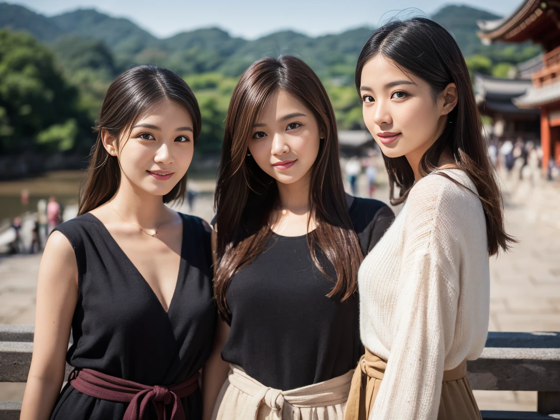 (beautiful girl, Half Body, Brown Hair,Random Face、Random hairstyle、girl、Elegant smile、Group photo、Kiyomizu-dera Temple in the background),(highest quality,4k,8K,High resolution,masterpiece:1.2),Very detailed,(Realistic,photoRealistic,photo-Realistic:1.37),,(Three women standing side by side:1.5),Bright colors,Bokeh,Portraiture、Casual clothing、Facing forward、From the waist up