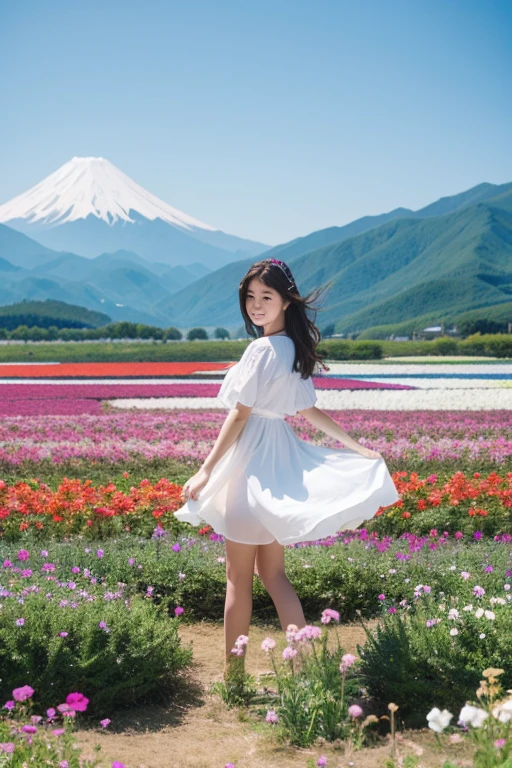 1girl, Blue skies, flower fields as far as the eye can see, white clothes, Fuji Mountain