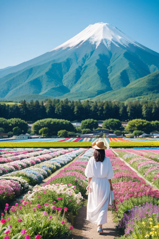 1girl, Blue skies, flower fields as far as the eye can see, white clothes, Fuji Mountain