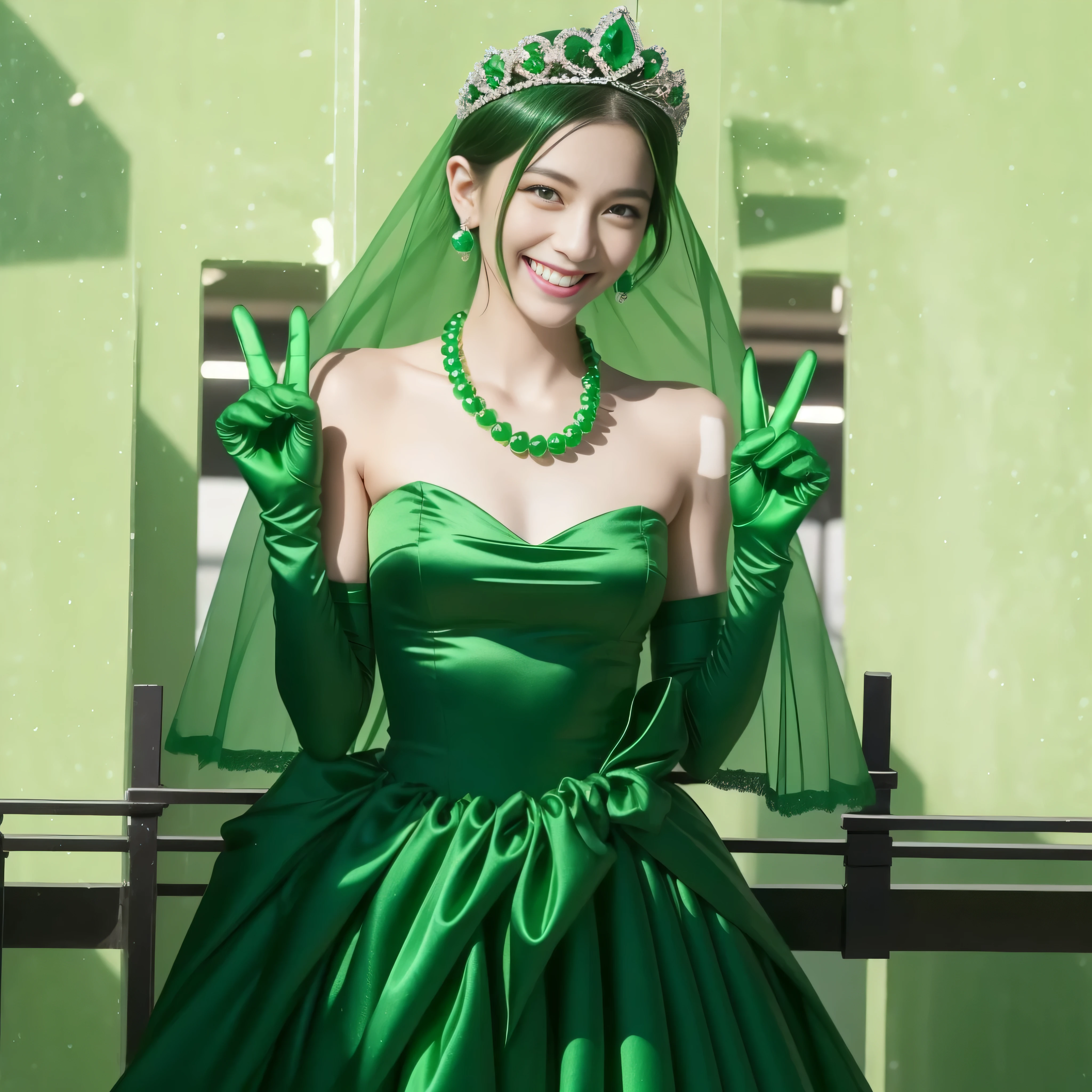 Emerald tiara, Green Pearl Necklace, Boyish very short green hair, lipstick, Smiling Japanese woman, Very short hair, Big and beautiful, Green Eyes, Long green satin gloves, Green Eyes, v sign, Emerald Earrings, Green veil