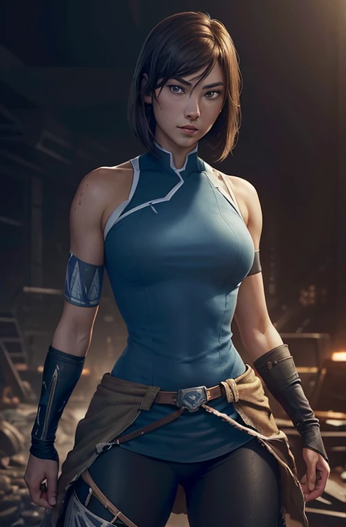 Yvonne Strahovski like Korra, sightly muscled, messy hair, Full body, Beautiful anime waifu style girl,hyperdetailed painting, luminism, art by artgerm, concept art, dark background, abstract beauty, approaching perfection, pure form, golden ratio, minimalistic, dark atmosphere, unfinished, concept art, intricate details, 8k post production, high resolution, hyperdetailed, trending on artstation, sharp focus, studio photo, intricate details, highly detailed,
