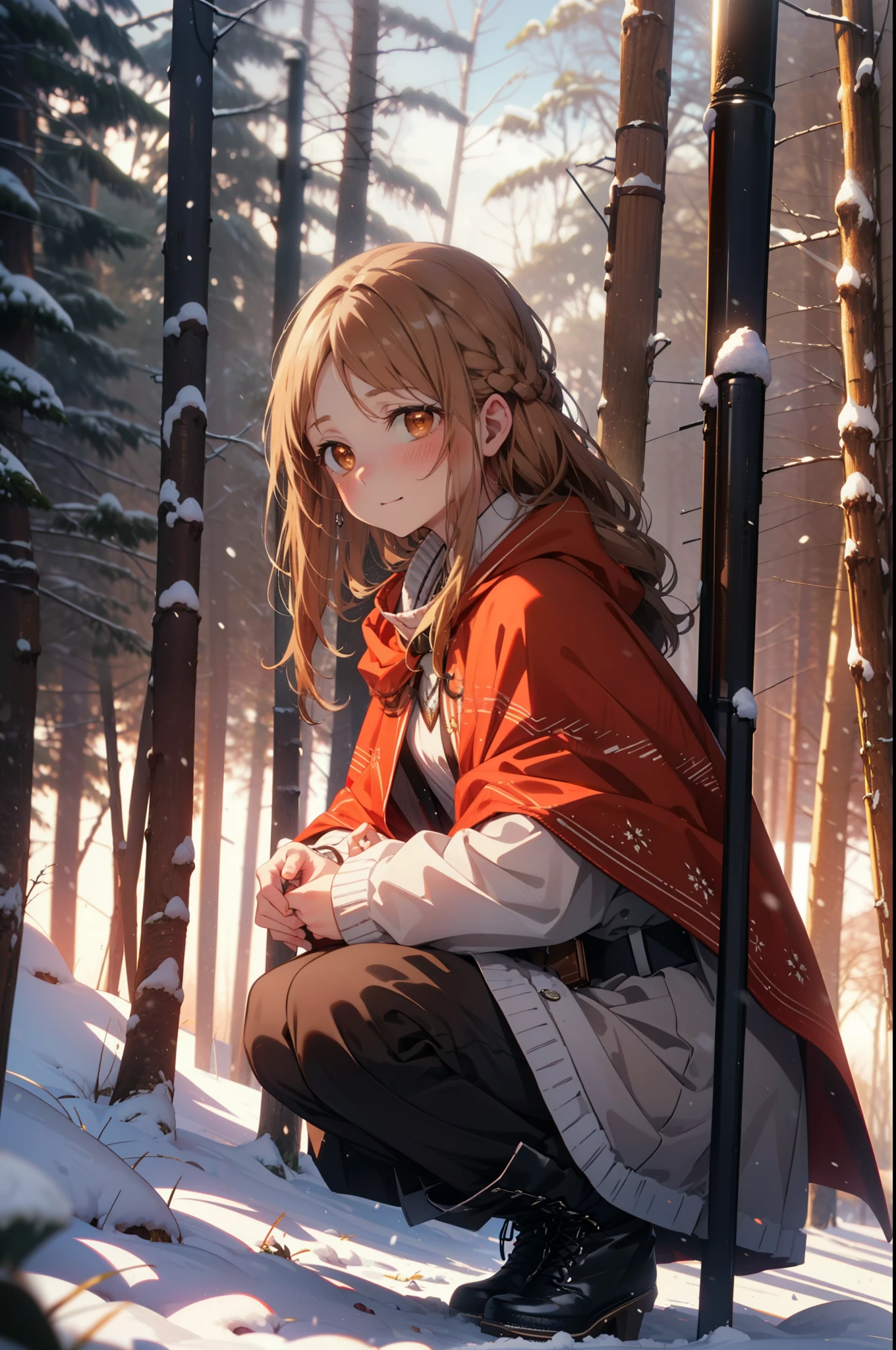 I am the sun ayuuki, a sun a yuuki, Long Hair, Brown Hair, (Brown eyes:1.8)Medium chest,smile,blush,White Breath,
Open your mouth,snow,Ground bonfire, Outdoor, boots, snowing, From the side, wood, suitcase, Cape, Blurred, Increase your meals, forest, White handbag, nature, Squat, Mouth closed, フードed Cape, winter, Written boundary depth, Black shoes, red Cape break looking at viewer, Upper Body, whole body, break Outdoor, forest, nature, break (masterpiece:1.2), highest quality, High resolution, unity 8k wallpaper, (shape:0.8), (Beautiful and beautiful eyes:1.6), Highly detailed face, Perfect lighting, Highly detailed CG, (Perfect hands, Perfect Anatomy),