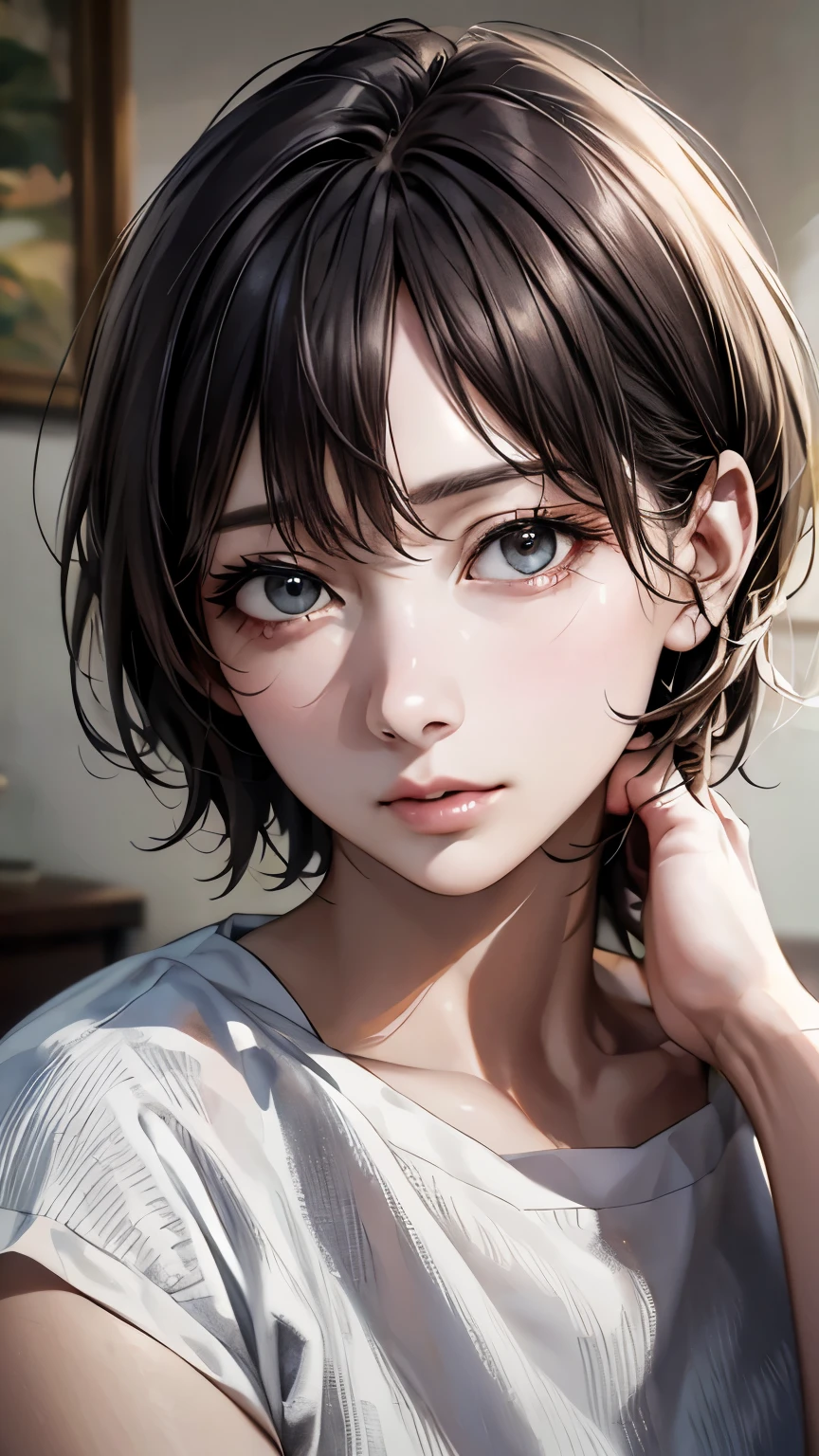 (highest quality、8k、32k、masterpiece)、(Realistic)、(Realistic:1.2)、(High resolution)、Very detailed、Very beautiful face and eyes、1 girl、Round and small face、(Droopy eyes:1.3), Tight waist、Delicate body、(close、highest quality、Attention to detail、Rich skin detail)、(highest quality、8k、Oil paint:1.2)、Very detailed、(Realistic、Realistic:1.37)、Bright colors