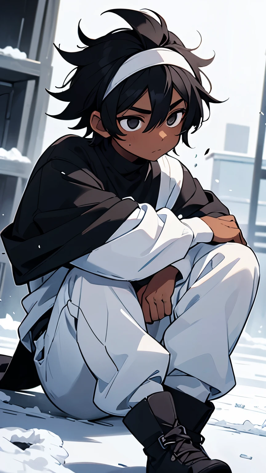 Boy, young, dark skin, black hair, messy hair, black eyes, white headband, white long-sleeved high-neck blouse, white sweatpants, black snow boots
