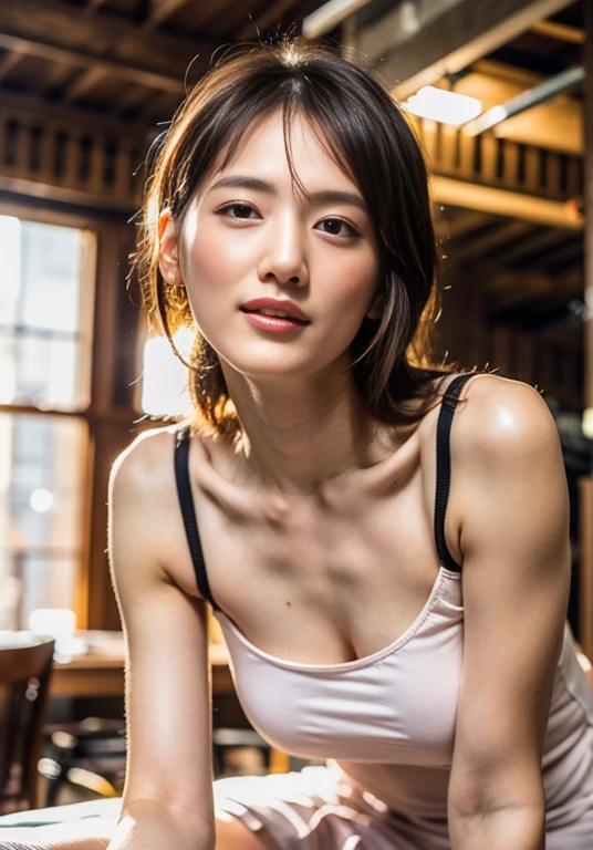 (masterpiece,highest quality:1.3),Extremely high detail,Complex,8k,High resolution,wallpaper,Cinema Lighting,bedroom((eye make up))((((Short skirt:1.5)))),((slipper))(((Happy expression: 1.8)),Full Body Lesbian, (Large breasts), Sparkling, (20-year-old), ((Slim figure: 1.5)), (((camisole: 1.5)))), ((Good hairstyle: 1.5)))),((((ankle)))),((((Toes)))、Full Body Shot,(Irregular skin blemishes,vein,Birthmark,Wrinkles on the skin,pores:1.2), (Bokeh: 1.4),Mansuji、topless、Squat、front、18-year-old、No makeup、Spread your legs、split、