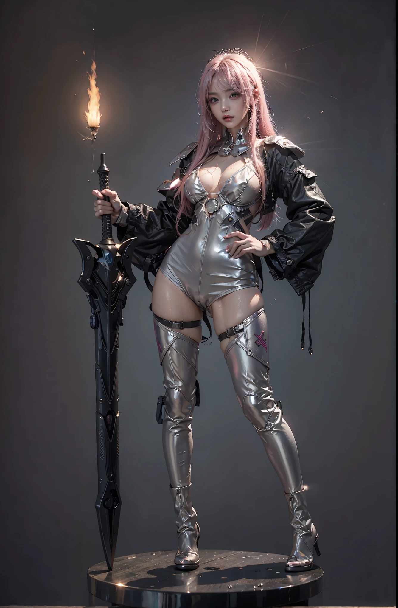 highest quality、Surreal、Perfect Anatomy、Crowded busy street、Surrounded by spectators、Crowd、Wet and shiny white skin、Sweat dripping all over the body、Slender model figure、Ahegao、Silver and pink hair、soaked、Super small face、Collars and Leads、Large cleavage、Cyberpunk City、photo shoot、Maid、Japanese sword、tattoo、