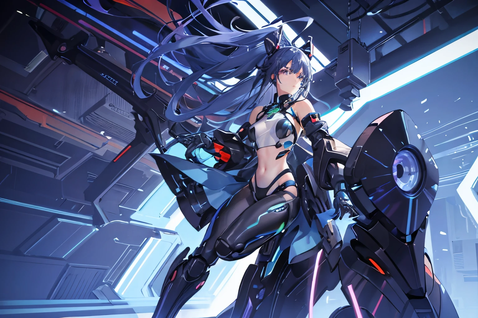 cyberpunk, cyber-themed, neon colors, robots, cyber suit, bio-prosthesis in arm and leg, robot arm, robot leg, 1 girl, full height, hair braided in 2 buns, cyber city on the background, interesting perspective, ultra-quality, detail, anime style, baggy clothes combined with robotic implants