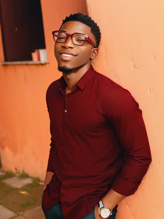 arafed man in a red shirt and glasses leaning against a wall, david uzochukwu, by Chinwe Chukwuogo-Roy, inspired by Chinwe Chukwuogo-Roy, godwin akpan, album photo, with a cool pose, adebanji alade, high quality portrait, casual pose, he is about 2 5