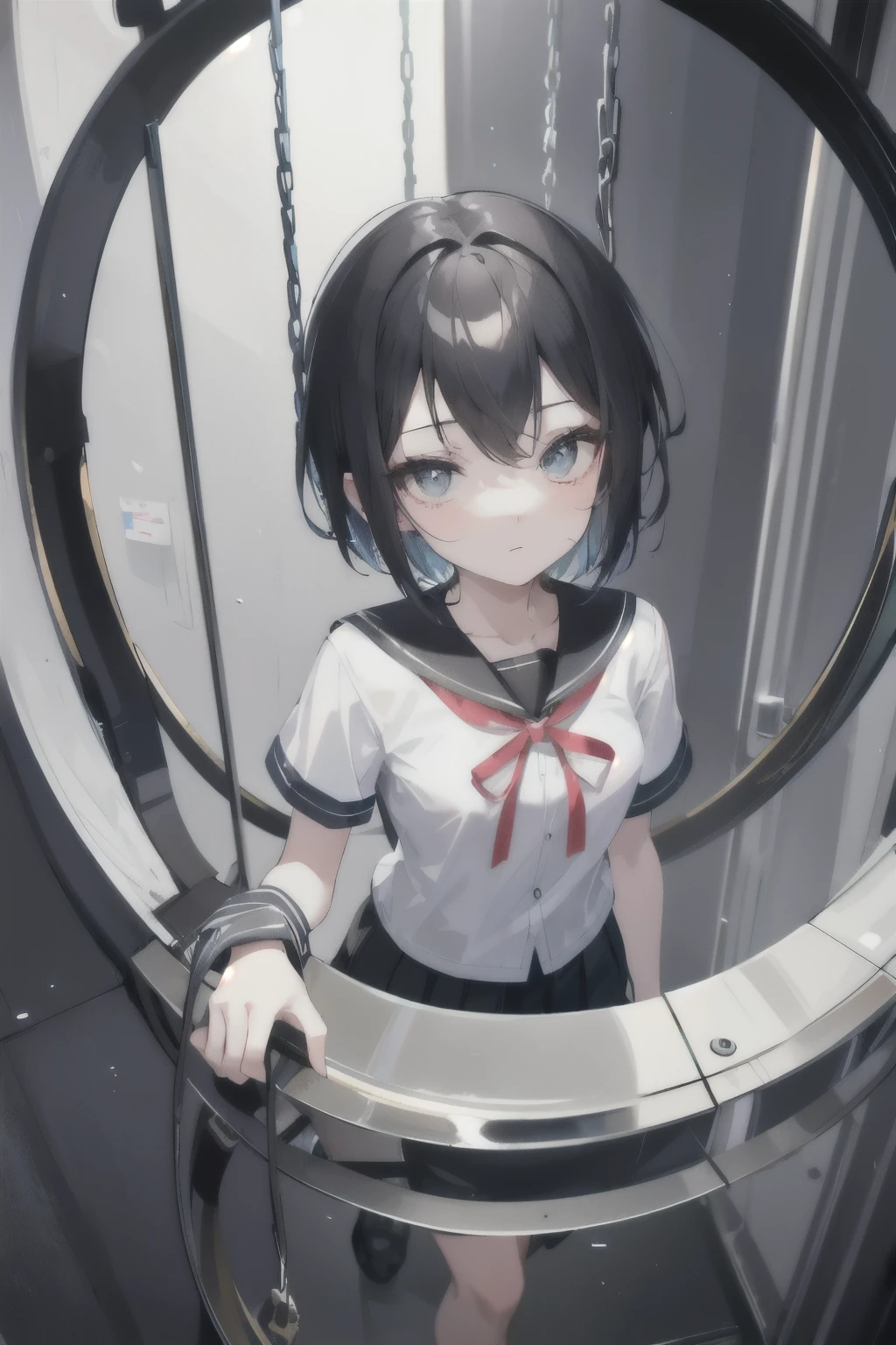 Cute teenage fairy girl with black short hair in boiler uniform, I tried to get out but I got locked in a cage、She's crying, Annoyed expression