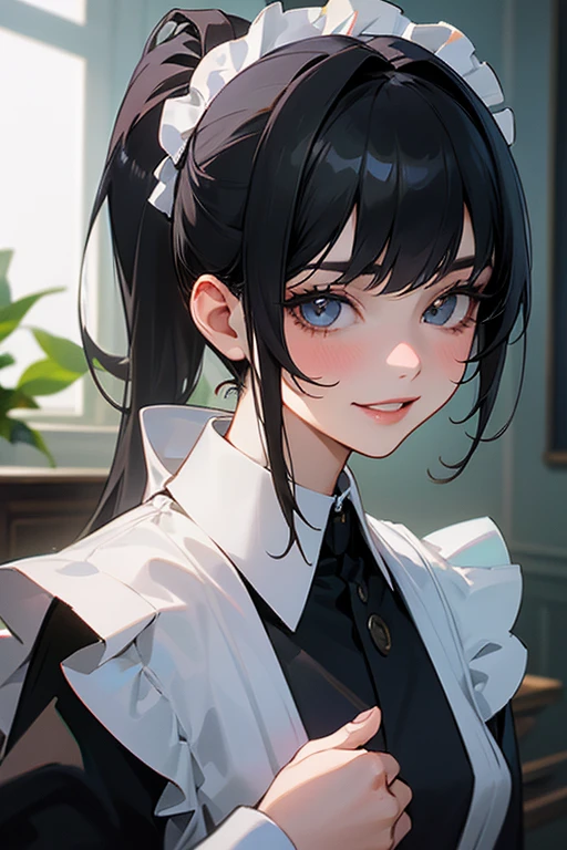 (Highest Resolution, clear_image) highest quality, One woman, alone, masterpiece, Very detailed, Semi-realistic, Black Hairのショートヘア, Black Hair, bangs, 18-year-old, mature, light blue uniform, uniform, Indoor Background, kind, Authoritative, Powerful, exquisite features, exquisite features、Eyelashes become longer、Showing teeth、smile😀、Maid clothes、woman'Fingers in the、Sleeping on the sofa、Long Hair、Fluttering in the wind、Navy blue clothes、Long Hair、