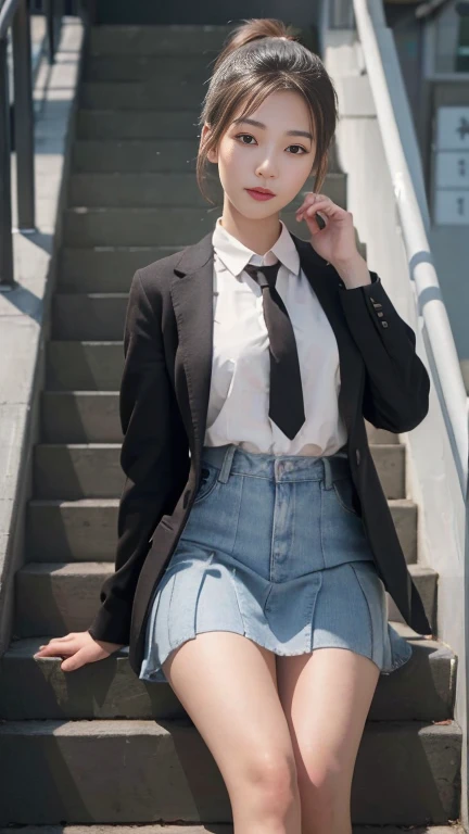 (best 8k,photorealistic,highres,masterpiece:1.3), ultra-detailed, Japanese high school girl, ponytail darkbrown, super detailed face, attention to detail, double eyelids, leaning breasts, sharp focus:1.2, beautiful woman:1.4, delicate skin, innocent eyes, soft natural makeup, , cherry blossoms in the background, vibrant colors, warm lighting.
