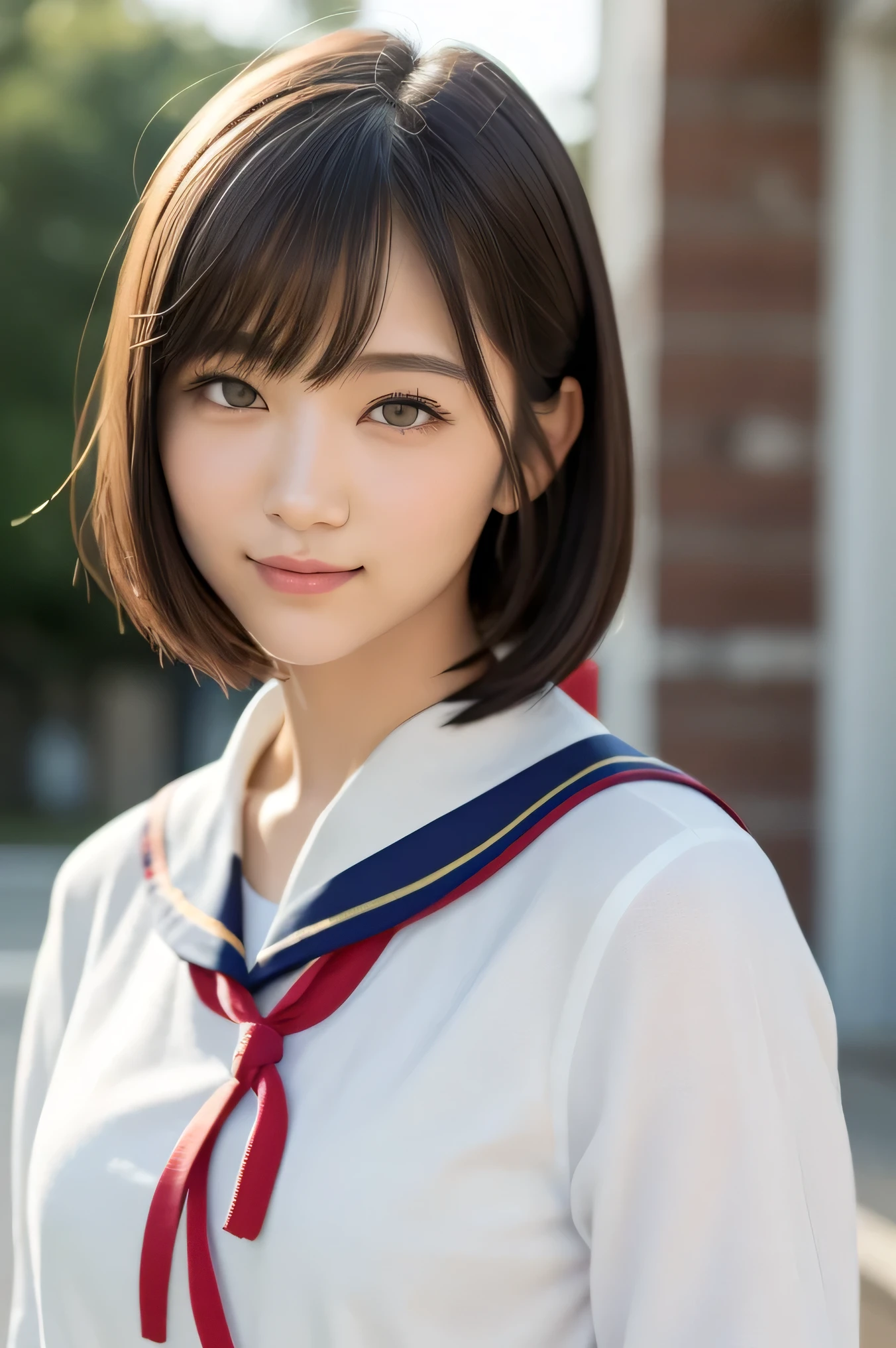 (highest quality:1.5)、(Realistic:1.5)、(1 person:1.5)、(Upper Body:1.5)、Very detailed、High resolution、8k wallpaper、、Small breasts、Natural color lips、Cute Smile、Japanese women、20-year-old girl、Beautiful and elegant face、Perfect and beautiful face、Big eyes、Brunette eyes、Beautiful and elegant face、Natural double eyelids、Natural Bangs、Beautiful thin nose、Beautiful Skin、Chestnut Hair、Medium Bob Hair、Short Hair、Natural Bangs、Perfect and beautiful face、Slim face and figure、(Looking at the camera with a cute expression)、Bright lighting、Professional Lighting、Forward lighting、Cute Smile、School、、Sailor suit、(High School Uniform)、Girls' High School 、Beautiful clavicle、Facing forward、Simple poses、Fair skin、slender、Glowing Skin、Beautiful Skin、(Sailor suit)、