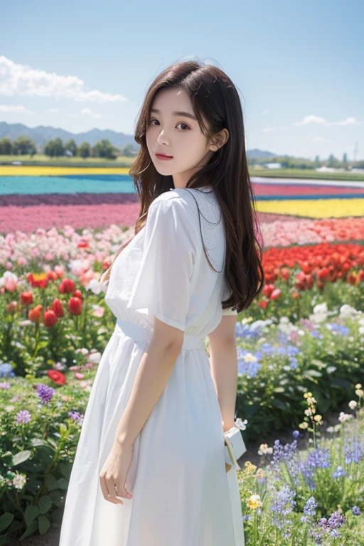 1girl, Blue skies, flower fields as far as the eye can see, white clothes