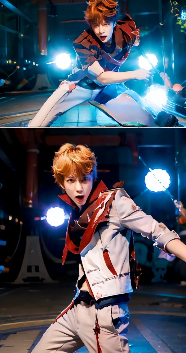 .anime boy cool poses,masterpiece, highest quality, soft lighting,attack pose,