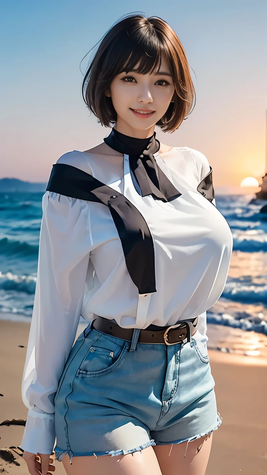 8k, masterpiece,(colorful:1.1),,smile,, (Short unkempt hair:1.3),Beautiful Face,,Solo Girl,Blunt bangs,(Supermodel Style:1.1),(Swollen lips:1.2), Shiny black hair, (White blouse:1.5),(Calm beach at sunset:1.2),Off-the-shoulder summer knit sweater,Shorts