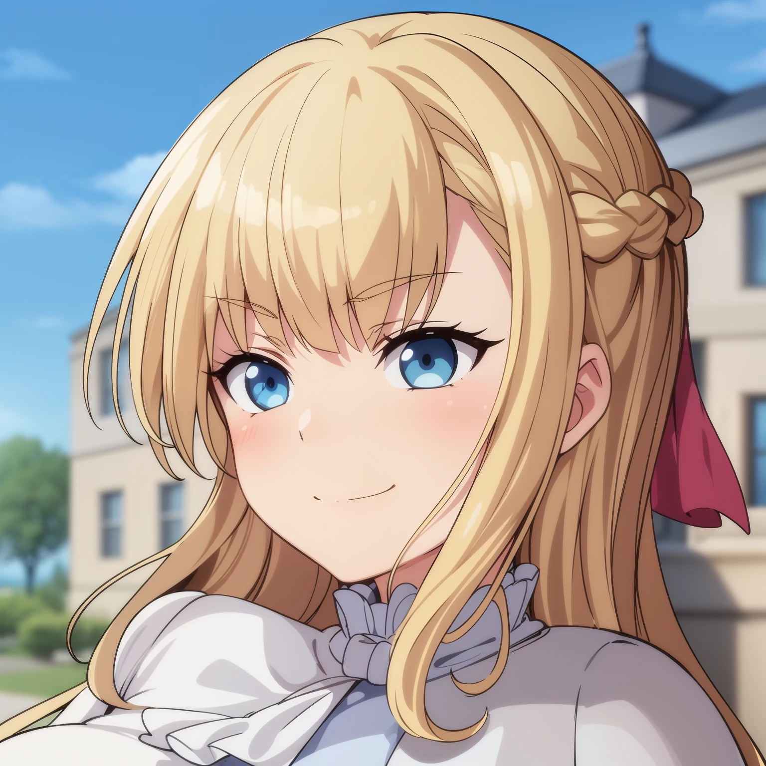 high quality, masterpiece. Blue eyes. Blonde hair. braid. tricky glance. evil smile. haughty face. Hand on cheek. white elegant blouse. Against the background of a beige manor with a garden. 