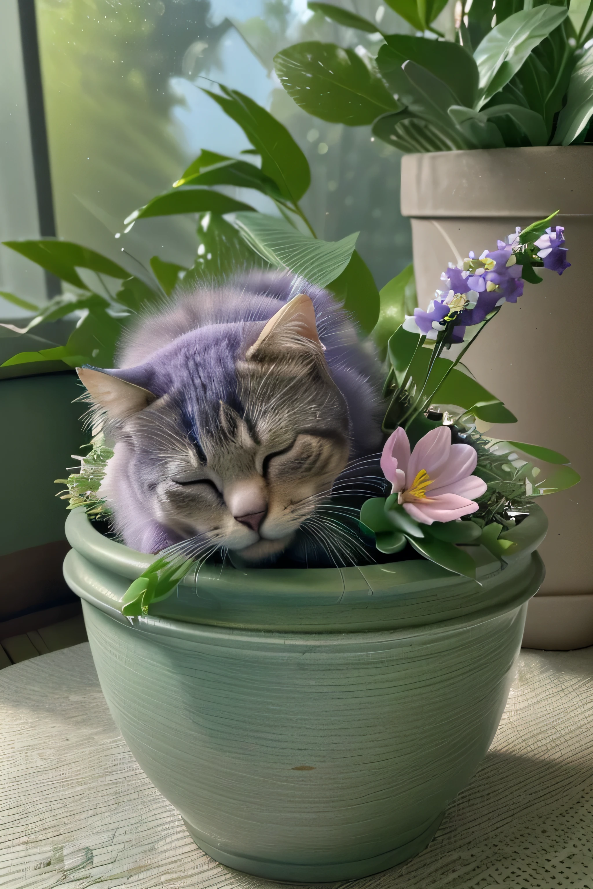 (best quality,4k,highres,masterpiece:1.2),ultra-detailed,(realistic,photorealistic:1.37),cat sleeping inside a potted plant,next to the lake and flowers,green foliage,dreamy lighting,peaceful atmosphere,purple and blue color palette,soft pastel tones