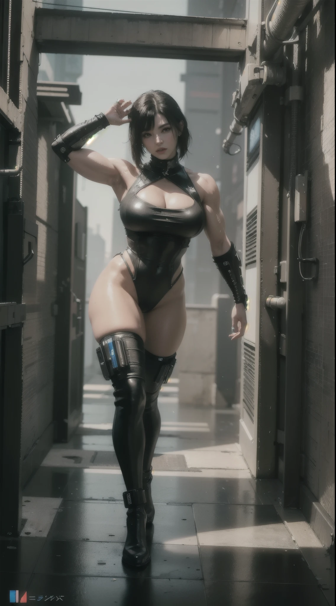 ((Best quality)), ((masterpiece)), (highly detailed:1.3), 3D, beautiful (cyberpunk:1.3), stylish (muscular woman:1.2) looking at camera black leather clothes, macrogts