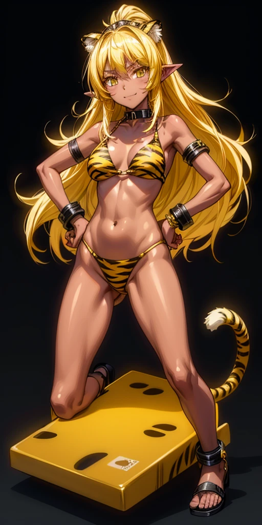 (black background) (black gyaru darkest skin) (pointy ears) (tiger tail) Princess Nina wearing yellowish tiger print bikini, hands on hips, full body kneeling, golden = (shackles wristbands, chains, bracers, handcuffs) leather collar choker, metal sandals, big knockers, happy closed mouth red cheeks