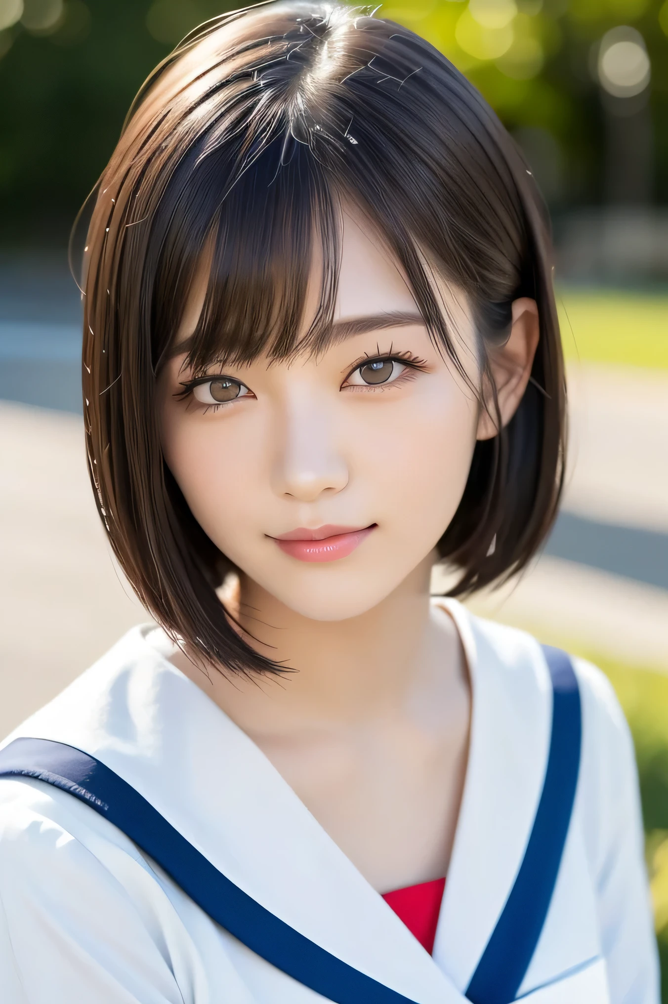 (highest quality:1.5)、(Realistic:1.5)、(1 person:1.5)、(Upper Body:1.5)、Very detailed、High resolution、8k wallpaper、、Small breasts、Natural color lips、Cute Smile、Japanese women、20-year-old girl、Beautiful and elegant face、Perfect and beautiful face、Big eyes、Brunette eyes、Beautiful and elegant face、Natural double eyelids、Natural Bangs、Beautiful thin nose、Beautiful Skin、Chestnut Hair、Medium Bob Hair、Short Hair、Natural Bangs、Perfect and beautiful face、Slim face and figure、(Looking at the camera with a cute expression)、Bright lighting、Professional Lighting、Forward lighting、Cute Smile、School、、Sailor suit、(High School Uniform)、Girls' High School 、Beautiful clavicle、Facing forward、Simple poses、Fair skin、slender、Glowing Skin、Beautiful Skin、(Sailor suit)、