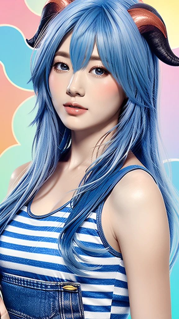 1 girl, solo, Ganyu (Genshin), chest, horns, long hair, blue hair, ahoge, looking at camera, holding, blushing, bangs, short sleeves, absolute territory, purple eyes, medium breasts, goat horns , , very long hair, standing , closed mouth, , side lock, cowboy shot, fluffy, red eyes, hair between the eyes, (colorful cloud background blur) 1.2, fluffy, soft, ( (Highest Quality)), (Highly Detailed, Top Details, Official Art, Beauty and Aesthetics: 1.2 ), Text Frame Depth, Composition, Blue Striped Tank Top, Denim Shorts,