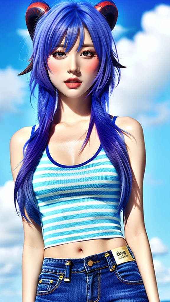 1 girl, solo, Ganyu (Genshin), chest, horns, long hair, blue hair, ahoge, looking at camera, holding, blushing, bangs, short sleeves, absolute territory, purple eyes, medium breasts, goat horns , , very long hair, standing , closed mouth, , side lock, cowboy shot, fluffy, red eyes, hair between the eyes, (colorful cloud background blur) 1.2, fluffy, soft, ( (Highest Quality)), (Highly Detailed, Top Details, Official Art, Beauty and Aesthetics: 1.2 ), Text Frame Depth, Composition, Blue Striped Tank Top, Denim Shorts,