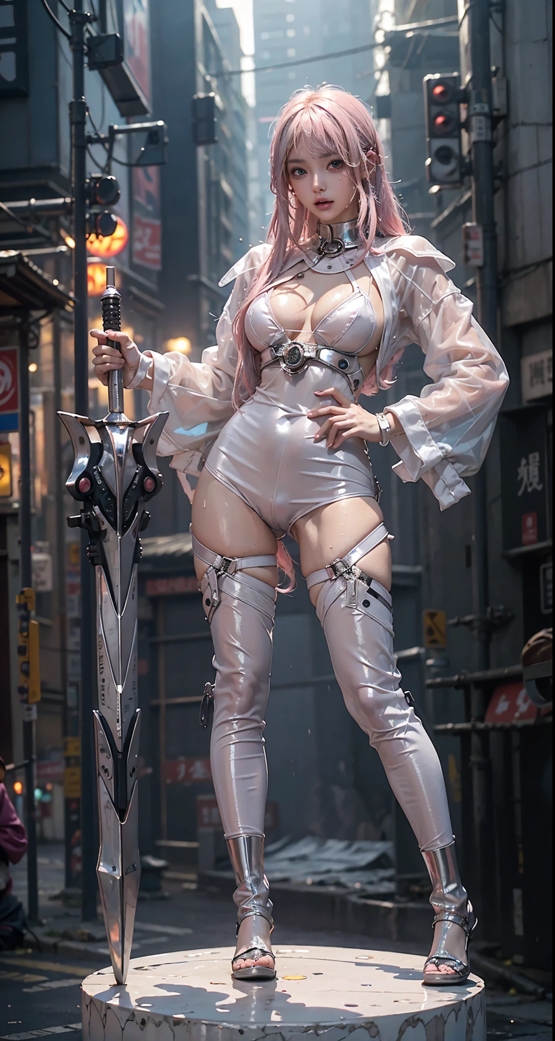 highest quality、Surreal、Perfect Anatomy、Crowded busy street、Surrounded by spectators、Crowd、Wet and shiny white skin、Sweat dripping all over the body、Slender model figure、Ahegao、Silver and pink hair、soaked、Super small face、Collars and Leads、Large cleavage、Cyberpunk City、photo shoot、Japanese sword、Micro Bikini、