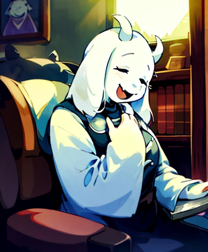 Toriel, 1girl, Book, Chair, Closed_eye, Furry, Furry_woman, goat_ear, goat_girl, indoor, Open_mouth, smile, alone