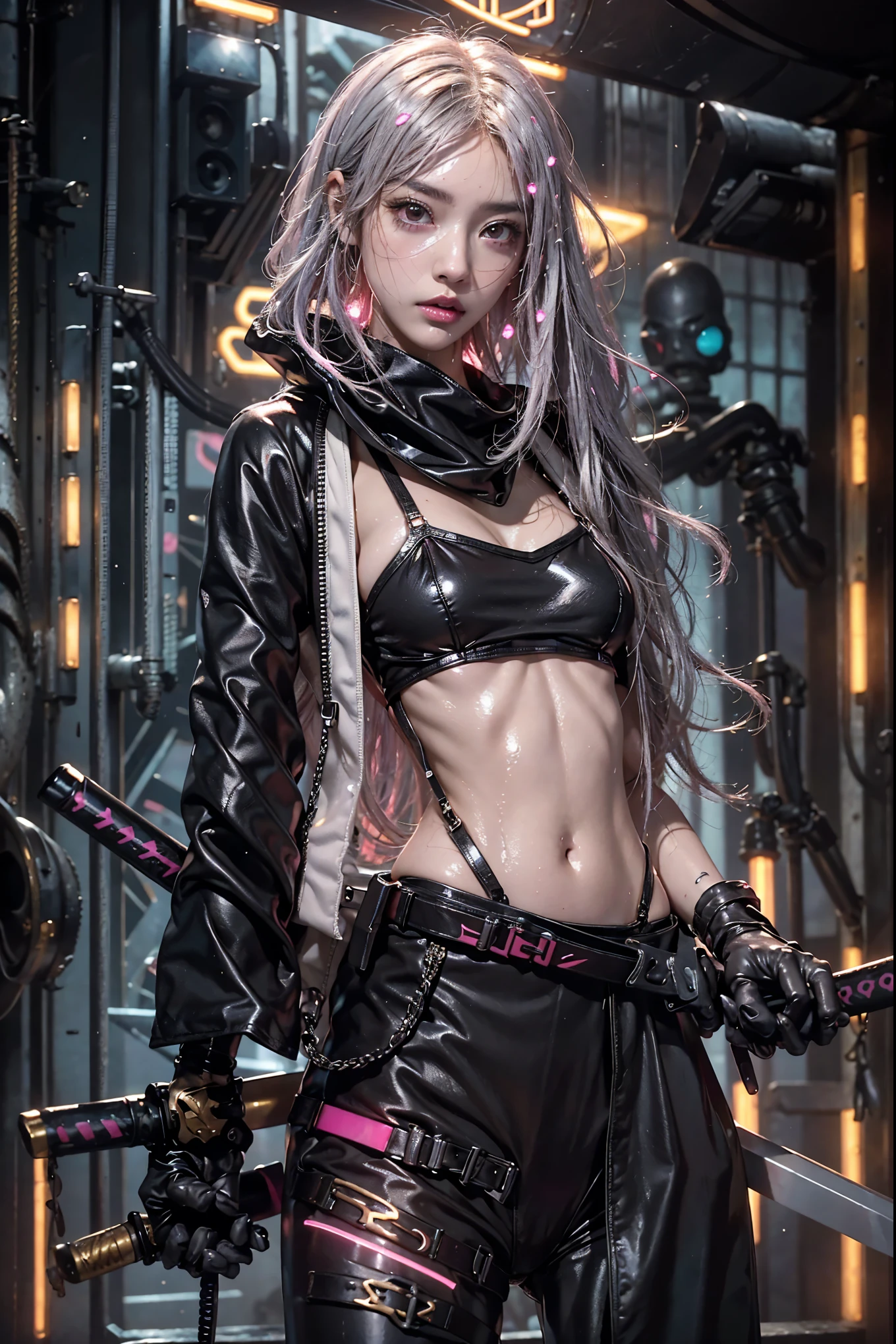 highest quality、surreal、perfect anatomy、Wet and shiny white skin、model body shape、Sweat dripping all over the body、Super small face、Ahegao、Cleavage、Cyberpunk City、Monotone urban tech wear、Pink, black, silver and golden hair、Holding a Japan sword in each hand、Micro Bikini、Neon lights、