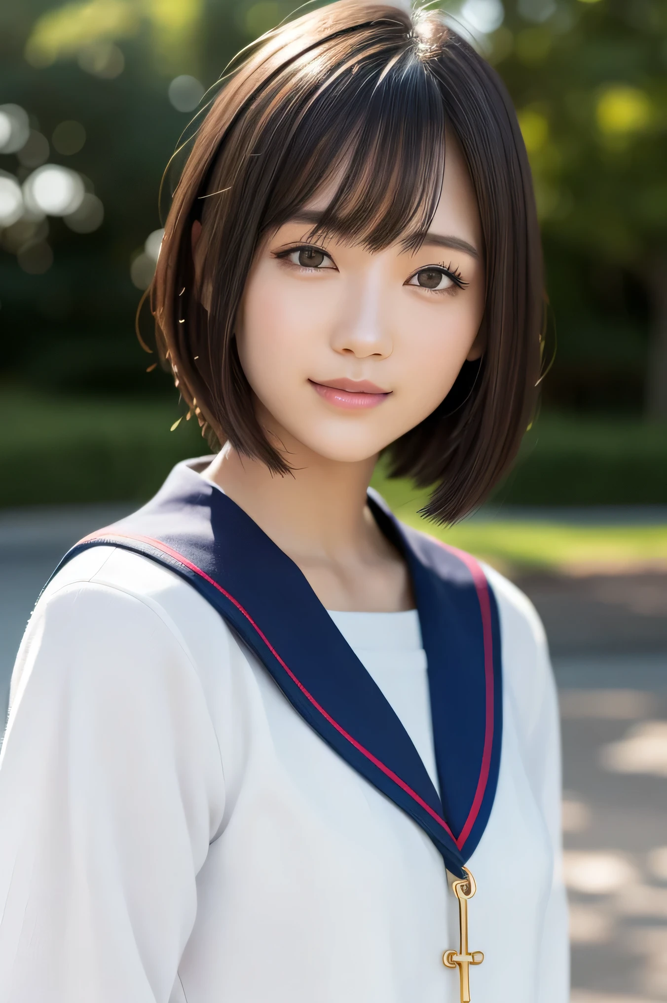 (highest quality:1.5)、(Realistic:1.5)、(1 person:1.5)、(Upper Body:1.5)、Very detailed、High resolution、8k wallpaper、、Small breasts、Natural color lips、Cute Smile、Japanese women、20-year-old girl、Beautiful and elegant face、Perfect and beautiful face、Big eyes、Brunette eyes、Beautiful and elegant face、Natural double eyelids、Natural Bangs、Beautiful thin nose、Beautiful Skin、Chestnut Hair、Medium Bob Hair、Short Hair、Natural Bangs、Perfect and beautiful face、Slim face and figure、(Looking at the camera with a cute expression)、Bright lighting、Professional Lighting、Forward lighting、Cute Smile、School、、Sailor suit、(High School Uniform)、Girls' High School 、Beautiful clavicle、Facing forward、Simple poses、Fair skin、slender、Glowing Skin、Beautiful Skin、(Sailor suit)、