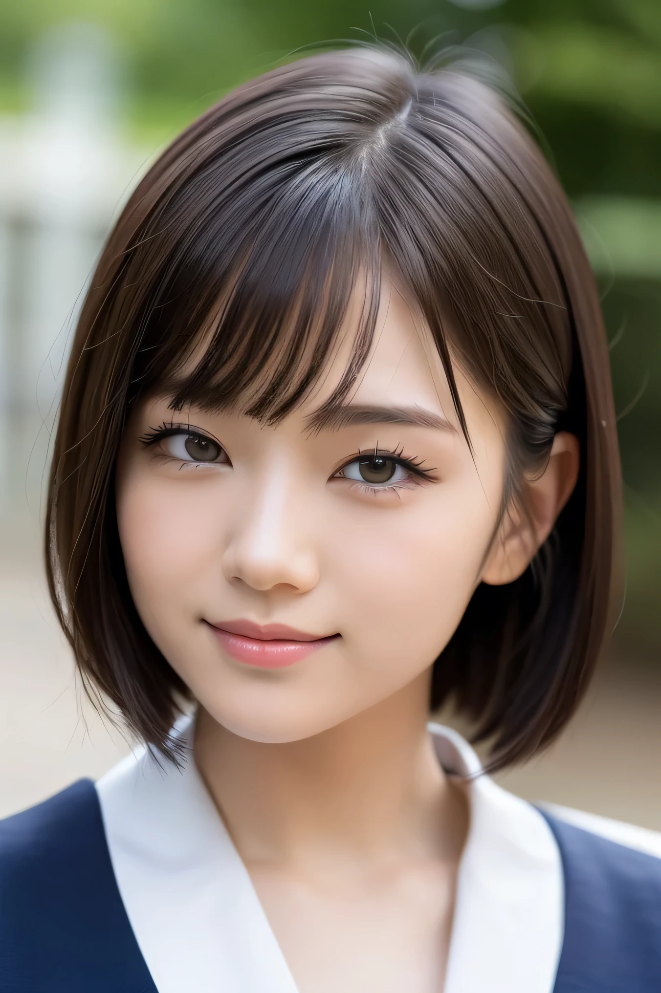 (highest quality:1.5)、(Realistic:1.5)、(1 person:1.5)、(Upper Body:1.5)、Very detailed、High resolution、8k wallpaper、、Small breasts、Natural color lips、Cute Smile、Japanese women、20-year-old girl、Beautiful and elegant face、Perfect and beautiful face、Big eyes、Brunette eyes、Beautiful and elegant face、Natural double eyelids、Natural Bangs、Beautiful thin nose、Beautiful Skin、Chestnut Hair、Medium Bob Hair、Short Hair、Natural Bangs、Perfect and beautiful face、Slim face and figure、(Looking at the camera with a cute expression)、Bright lighting、Professional Lighting、Forward lighting、Cute Smile、School、、Sailor suit、(High School Uniform)、Girls' High School 、Beautiful clavicle、Facing forward、Simple poses、Fair skin、slender、Glowing Skin、Beautiful Skin、(Sailor suit)、