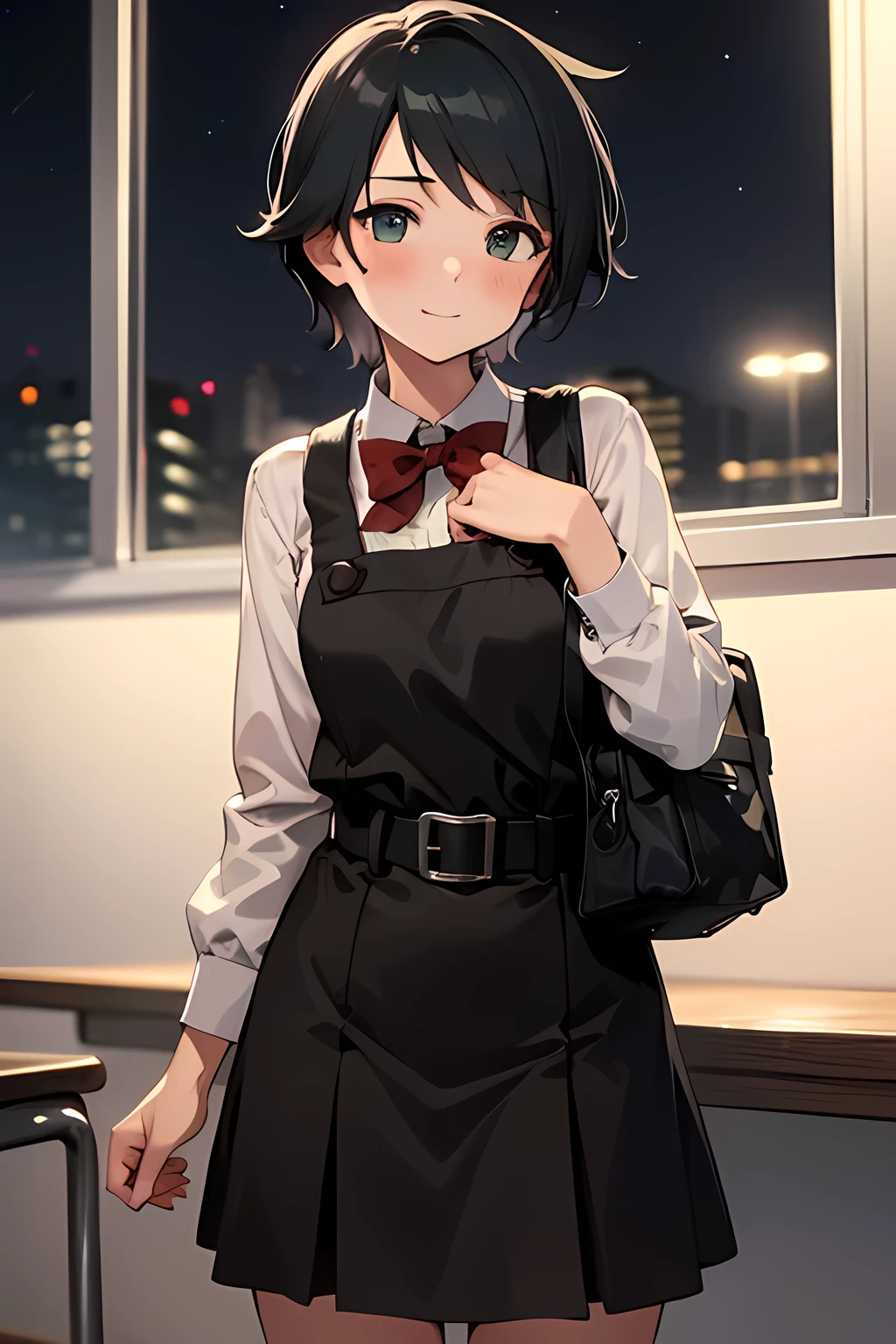 ((masterpiece,best quality)), highres, extremely detailed 8K wallpaper, depth_of_field, best shadow, (Colorful),(Delicate eyes and face), Perfect hands, (no lighting), Ray tracing, BREAK
(1girl), mogami \(kancolle\), black hair, short hair, black eyes / green eyes, swept bangs, (full-face blush), slender, skinny, best smile, BREAK,
standing, perfect hands, BPD,((black pinafore dress)),long skirt,red bowtie,belt, have school bag, BREAK,
Cowboy Shots and knee, school, classroom, (((night time))), ((dark backgrounds:1.2)),