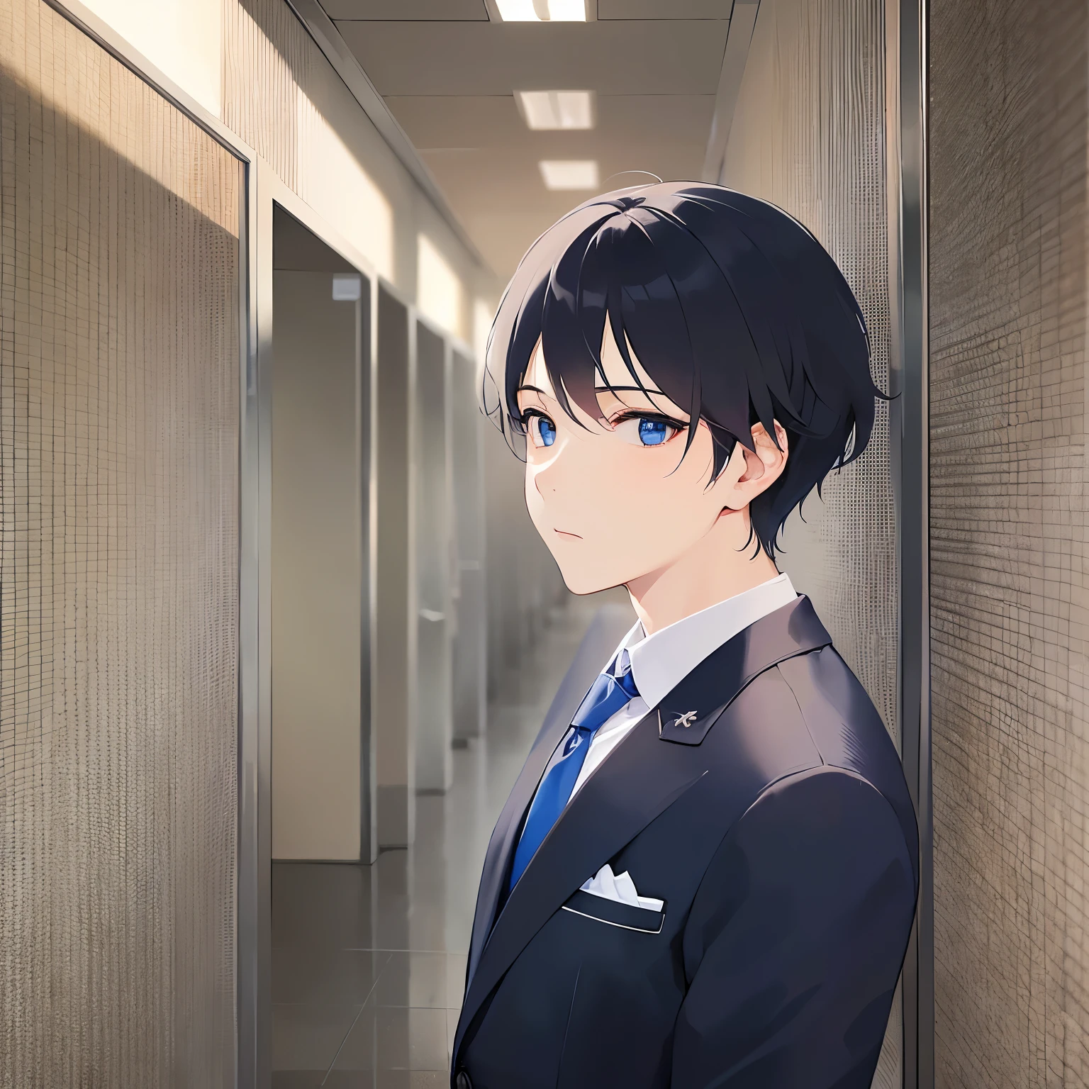 Portrait Photography、shiny skin, masterpiece、highest quality、(25-year-old male:1.5) and (Black short hair) and (blue eyes), (Wearing a suit:1.5) and (White collared shirt) and (Blue tie)、Are standing、(sad:1.2), The background is an office hallway、(Alone:1.5)