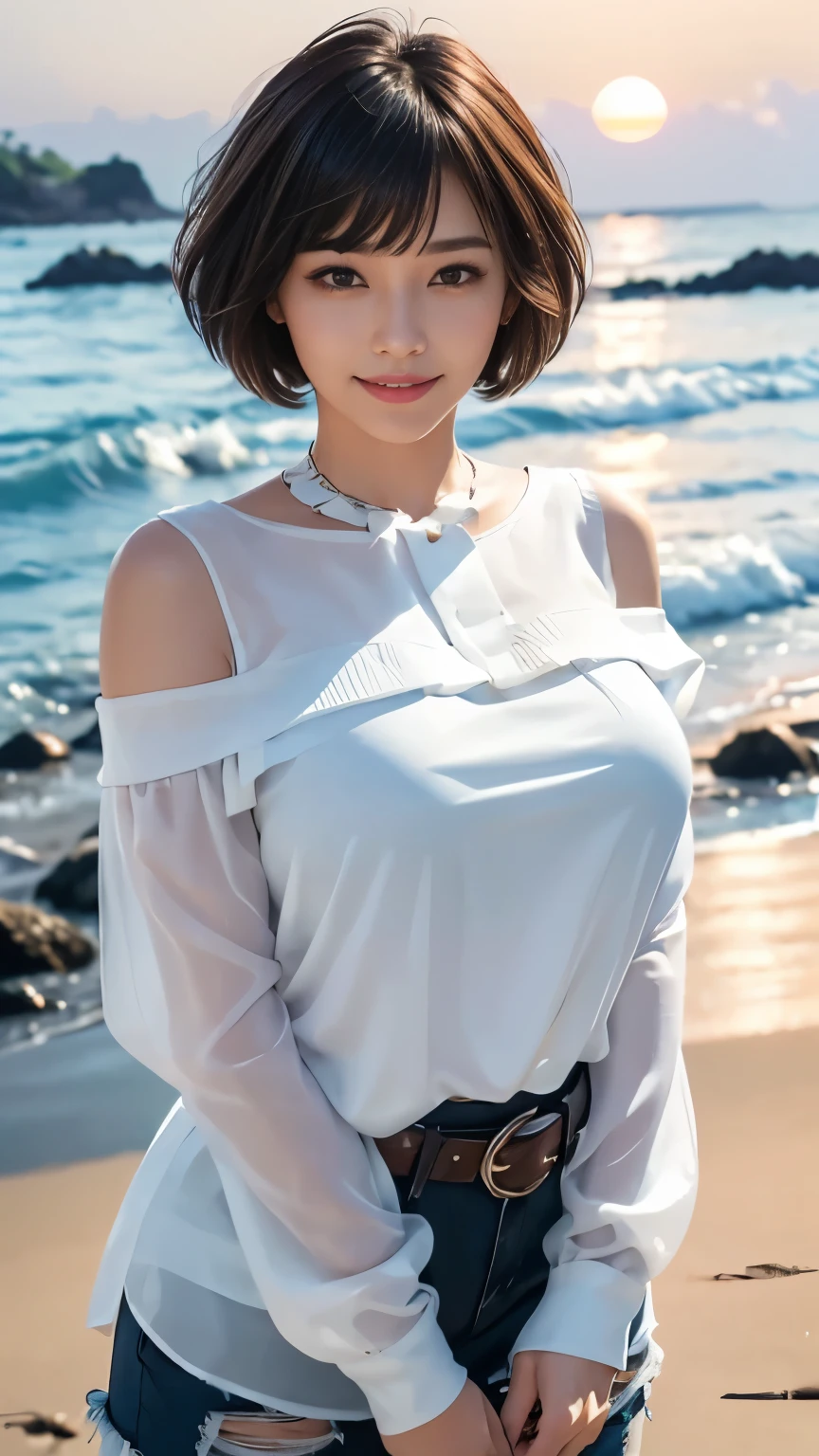 8k, masterpiece,(colorful:1.1),,smile,, (Short unkempt hair:1.3),Beautiful Face,,Solo Girl,Blunt bangs,(Supermodel Style:1.1),(Swollen lips:1.2), Shiny black hair, (White blouse:1.5),(Calm beach at sunset:1.2),Off-the-shoulder summer knit sweater,Shorts