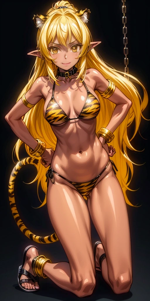 (black background) (black gyaru darkest skin) (pointy ears) (tiger tail) Princess Nina wearing yellowish tiger print bikini, hands on hips, full body kneeling, golden = (shackles wristbands, chains, bracers, handcuffs) leather collar choker, metal sandals, big knockers, happy closed mouth red cheeks