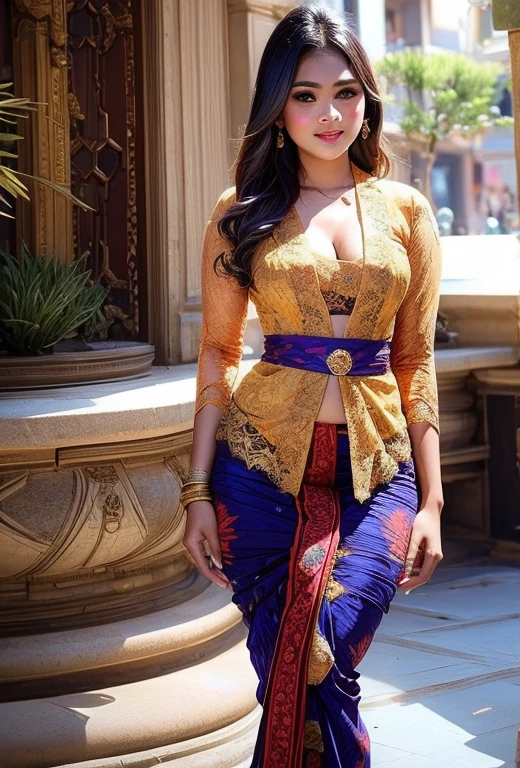A Indonesian goddess, large breasts, skintight lace kebaya, cleavage, tight batik pattern skirt, (masterpiece, ultra HD, realistic masterpiece), blurred background, dynamic poses, longshot photography, detailed detail, ultra sharp,
