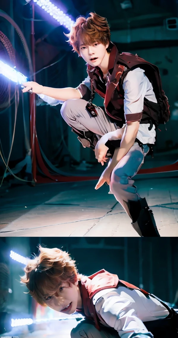 .anime boy cool poses,masterpiece, highest quality, soft lighting,attack pose,