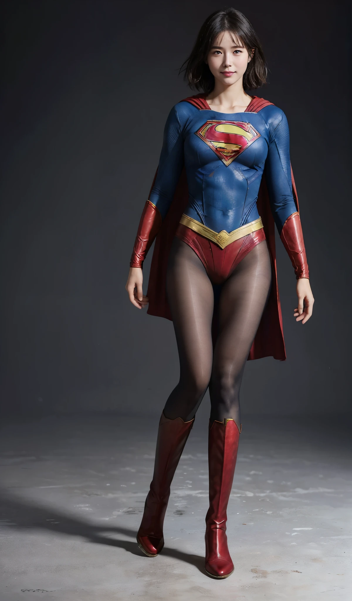 No background、(((Beautiful legs in black tights.)))、(((Legally express the beauty of your smile)))、((((Make the most of your original images)))、(((Supergirl Costume)))、(((Beautiful short bob hair)))、(((suffering)))、(((Please wear black tights....、Wear red boots)))、((Best image quality、8k))、((highest quality、8k、masterpiece:1.3))、(((Preserve background )))、Sharp focus:1.2、Beautiful woman with perfect figure:1.4、Slim Abs:1.2、Wet body:1.5、Highly detailed face and skin texture、8k