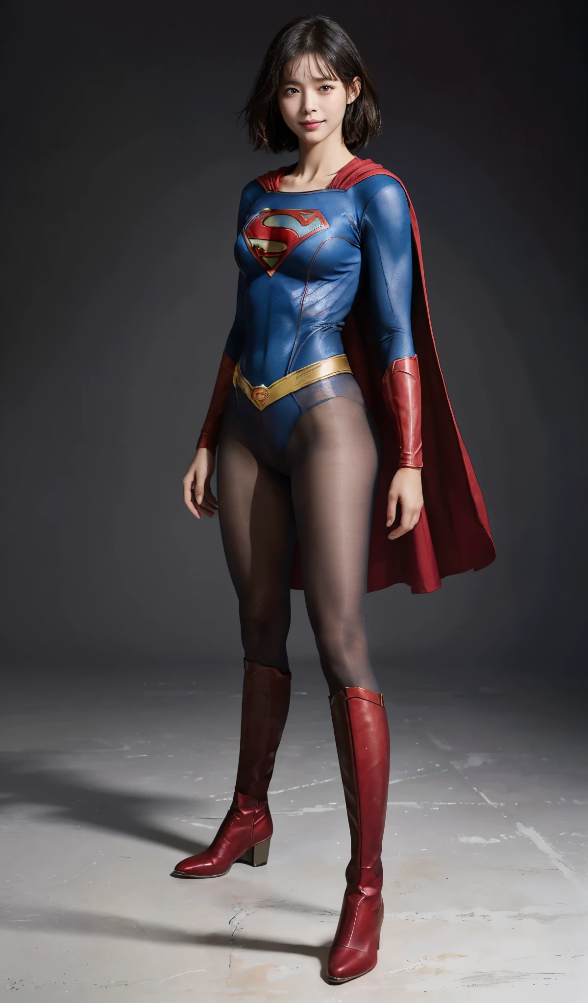 No background、(((Beautiful legs in black tights.)))、(((Legally express the beauty of your smile)))、((((Make the most of your original images)))、(((Supergirl Costume)))、(((Beautiful short bob hair)))、(((suffering)))、(((Please wear black tights....、Wear red boots)))、((Best image quality、8k))、((highest quality、8k、masterpiece:1.3))、(((Preserve background )))、Sharp focus:1.2、Beautiful woman with perfect figure:1.4、Slim Abs:1.2、Wet body:1.5、Highly detailed face and skin texture、8k