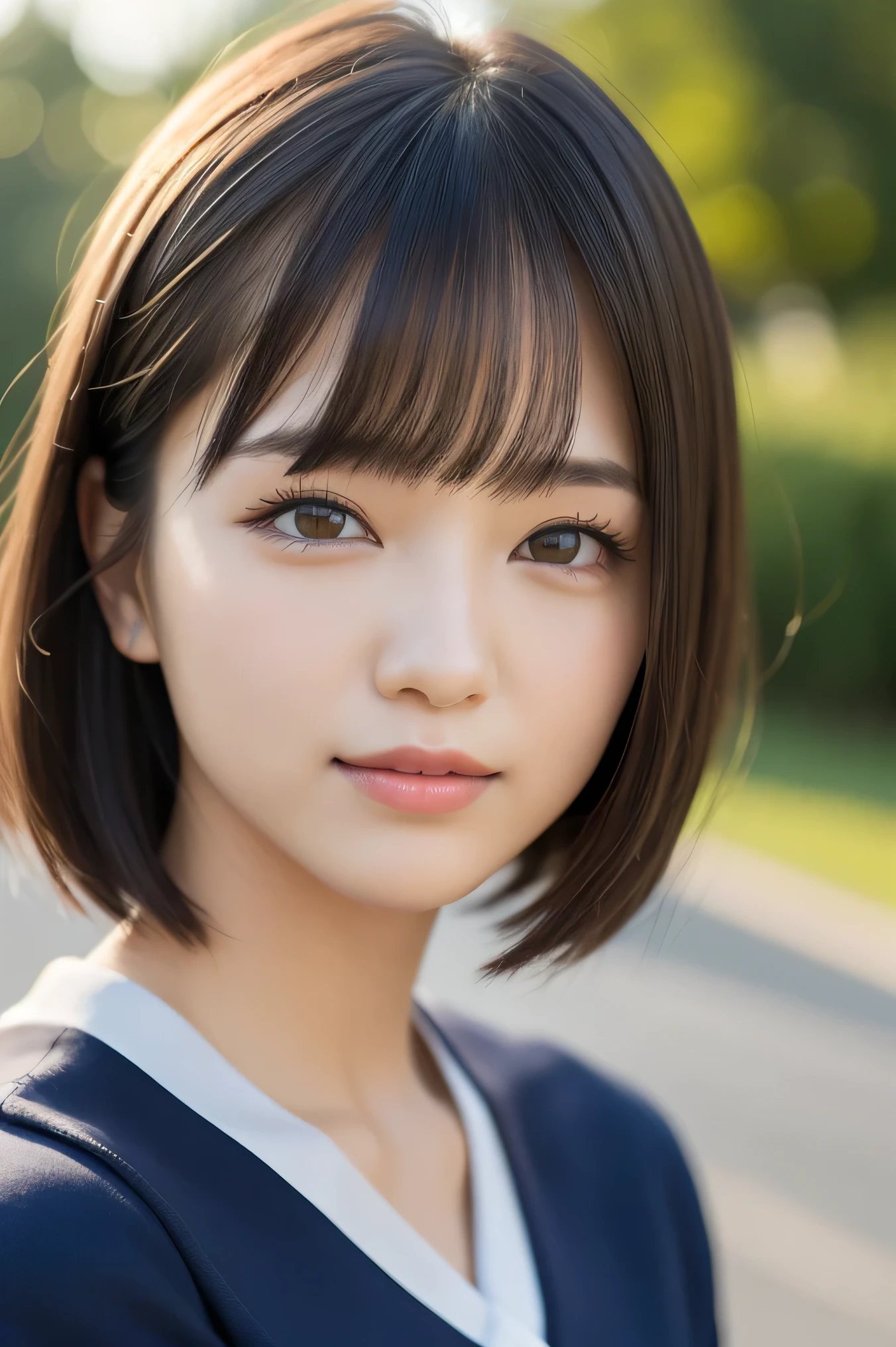 (highest quality:1.5)、(Realistic:1.5)、(1 person:1.5)、(Upper Body:1.5)、Very detailed、High resolution、8k wallpaper、、Small breasts、Natural color lips、Cute Smile、Japanese women、20-year-old girl、Beautiful and elegant face、Perfect and beautiful face、Big eyes、Brunette eyes、Beautiful and elegant face、Natural double eyelids、Natural Bangs、Beautiful thin nose、Beautiful Skin、Chestnut Hair、Medium Bob Hair、Short Hair、Natural Bangs、Perfect and beautiful face、Slim face and figure、(Looking at the camera with a cute expression)、Bright lighting、Professional Lighting、Forward lighting、Cute Smile、(High School Uniform)、(Girls' High School School Uniform)、Beautiful clavicle、Facing forward、Simple poses、Fair skin、slender、Glowing Skin、Beautiful Skin、(Sailor suit)、Schoolyard、
