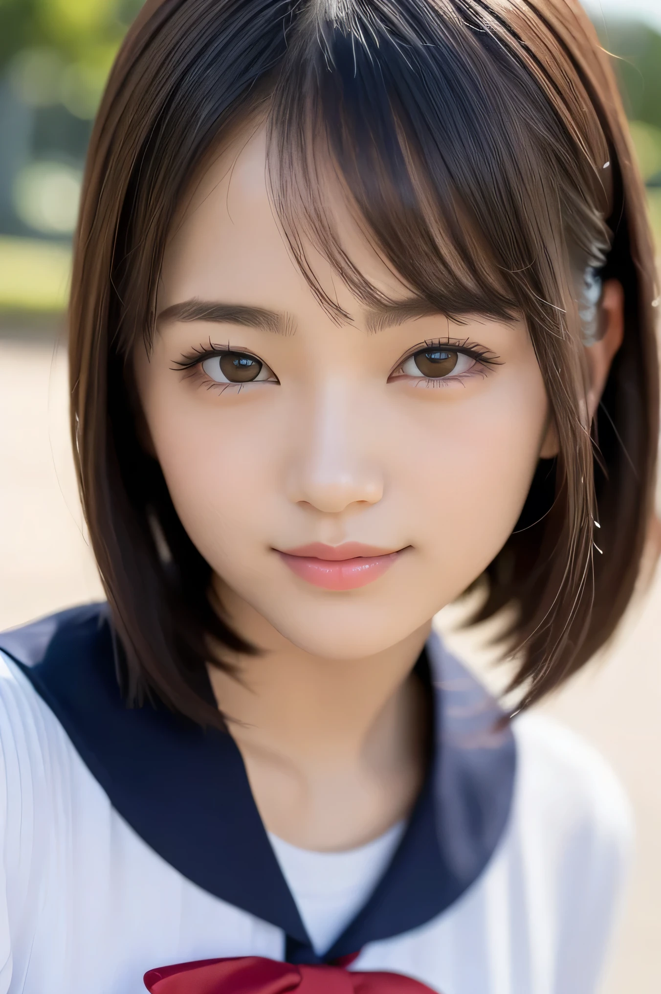(highest quality:1.5)、(Realistic:1.5)、(1 person:1.5)、(Upper Body:1.5)、Very detailed、High resolution、8k wallpaper、、Small breasts、Natural color lips、Cute Smile、Japanese women、20-year-old girl、Beautiful and elegant face、Perfect and beautiful face、Big eyes、Brunette eyes、Beautiful and elegant face、Natural double eyelids、Natural Bangs、Beautiful thin nose、Beautiful Skin、Chestnut Hair、Medium Bob Hair、Short Hair、Natural Bangs、Perfect and beautiful face、Slim face and figure、(Looking at the camera with a cute expression)、Bright lighting、Professional Lighting、Forward lighting、Cute Smile、(High School Uniform)、(Girls' High School School Uniform)、Beautiful clavicle、Facing forward、Simple poses、Fair skin、slender、Glowing Skin、Beautiful Skin、(Sailor suit)、Schoolyard、