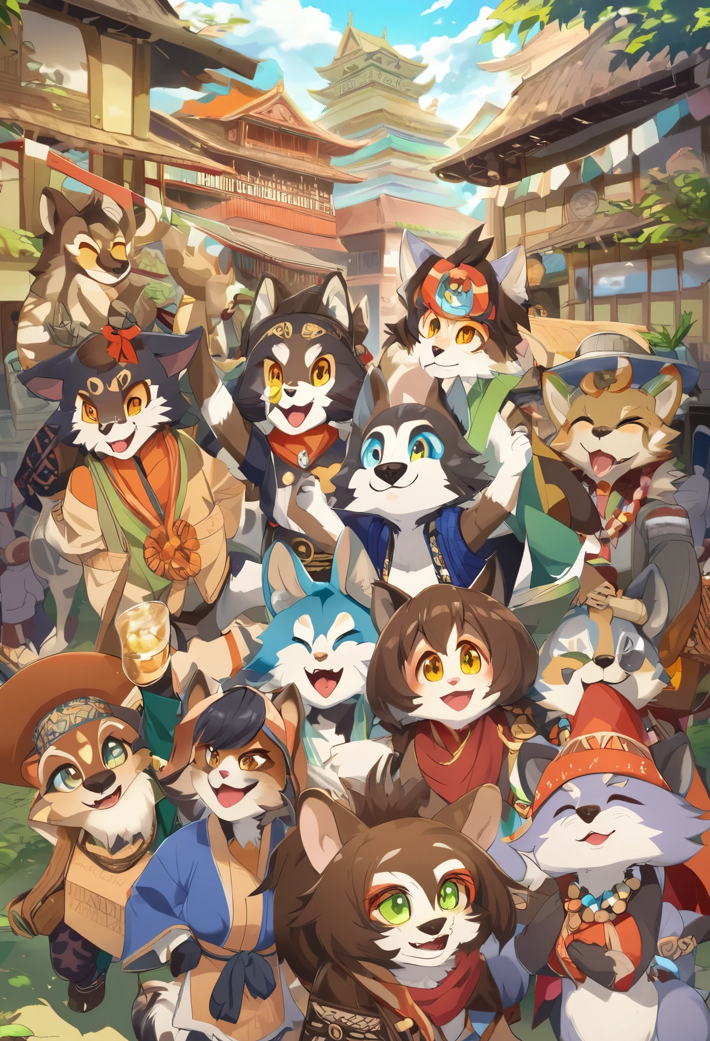 super high resolution, detailed background, World Heritage Site, 6+boys, 6+girls, Happy, joyful, absurdres(Photos of solo travelers)(kemono, furry anthro),