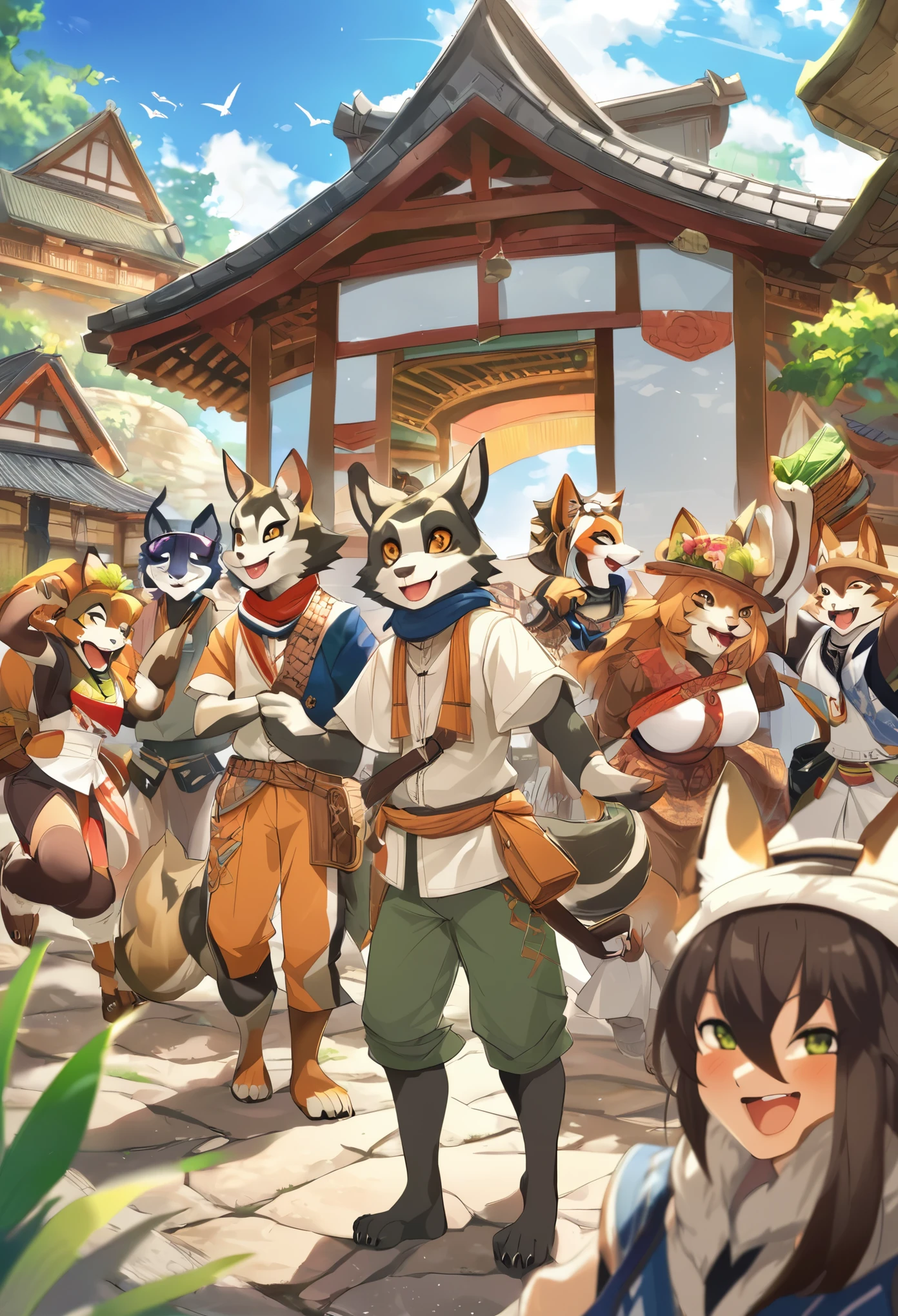 super high resolution, detailed background, World Heritage Site, 6+boys, 6+girls, Happy, joyful, absurdres(Photos of solo travelers)(kemono, furry anthro),