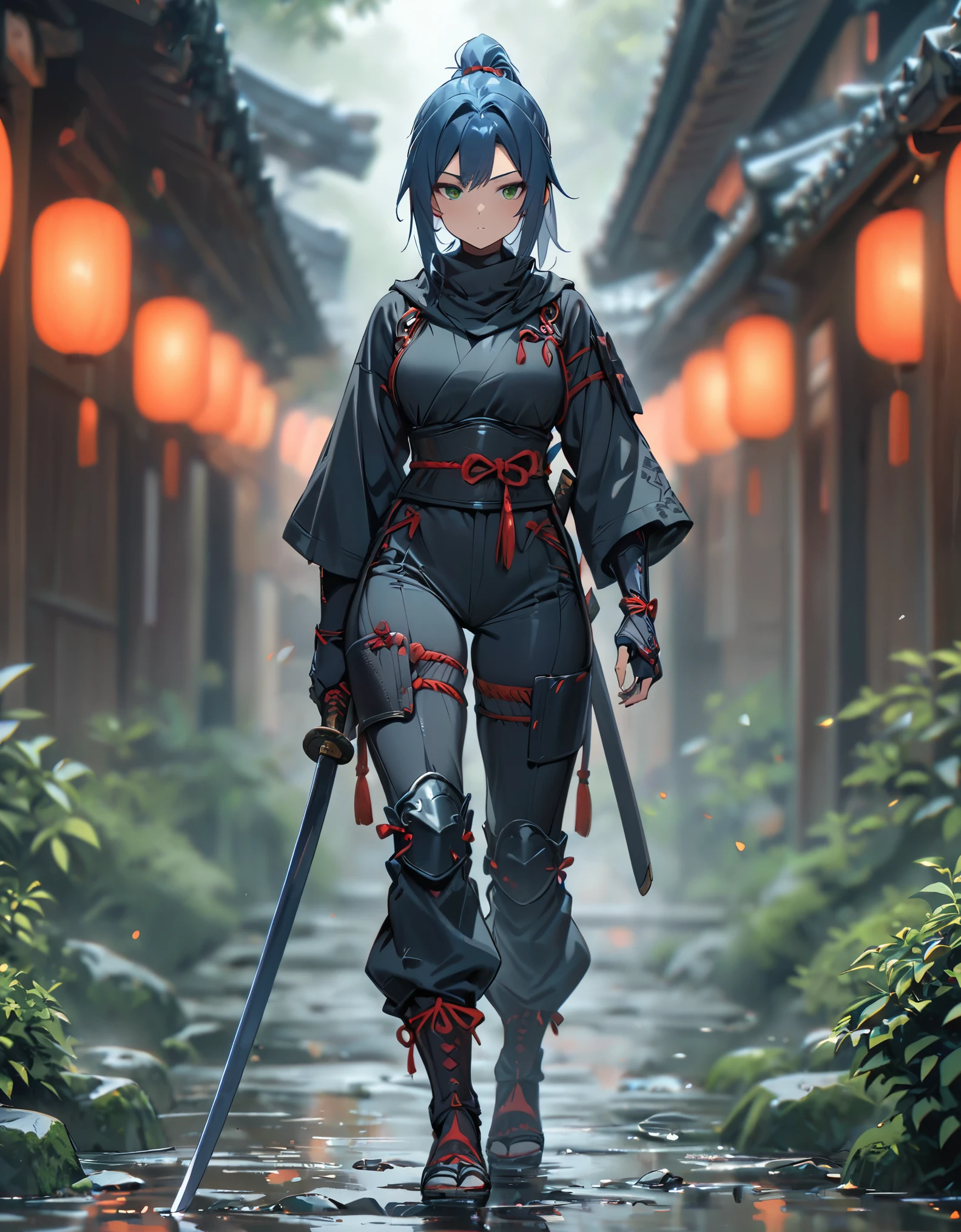 best quality, masterpiece, highres, 1girl, female ninja, blue hair, medium hair, ponytail, green eyes, tight black bodysuit, armored, holding katana, full body shot, solo