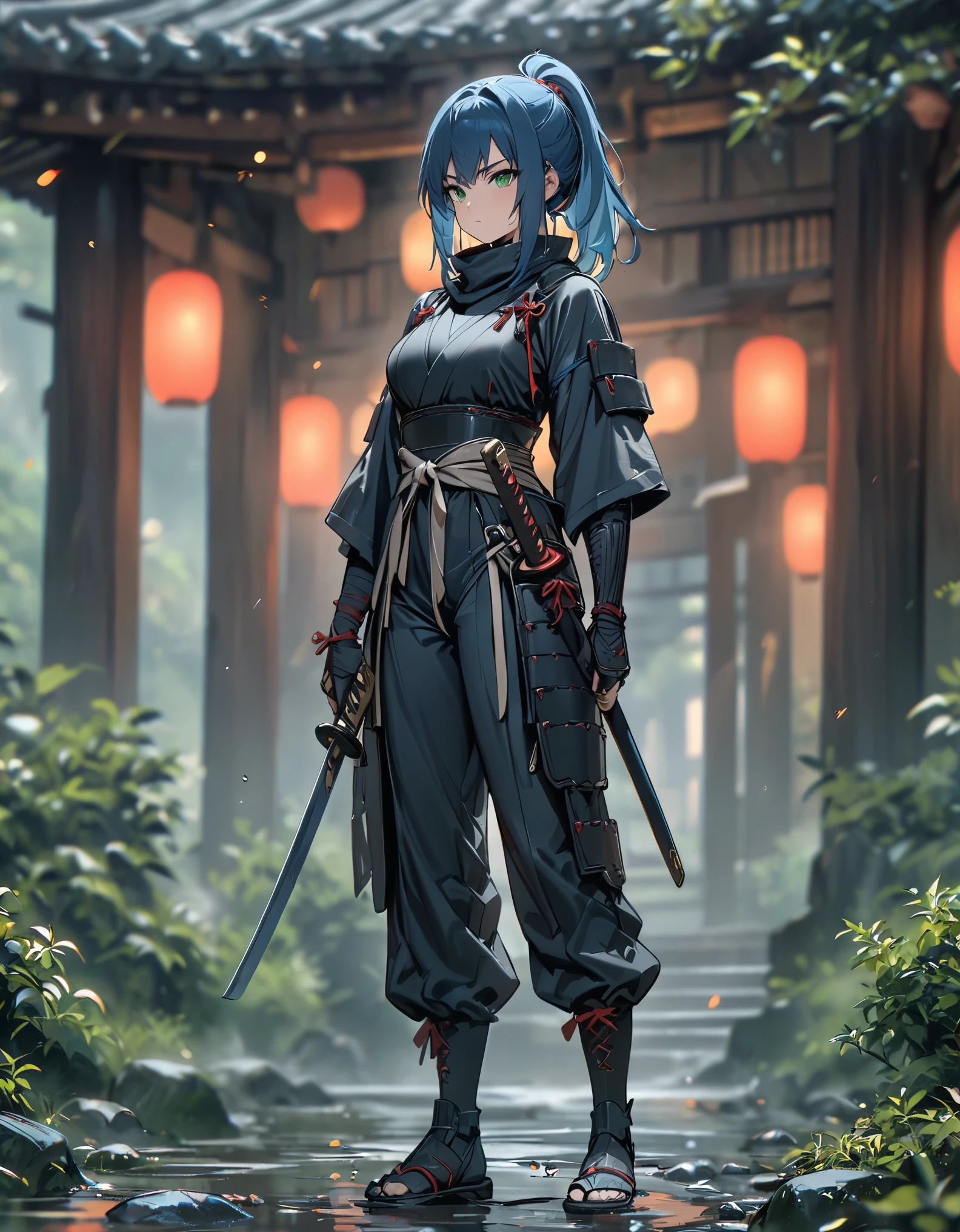 best quality, masterpiece, highres, 1girl, female ninja, blue hair, medium hair, ponytail, green eyes, tight black bodysuit, armored, holding katana, full body shot, solo