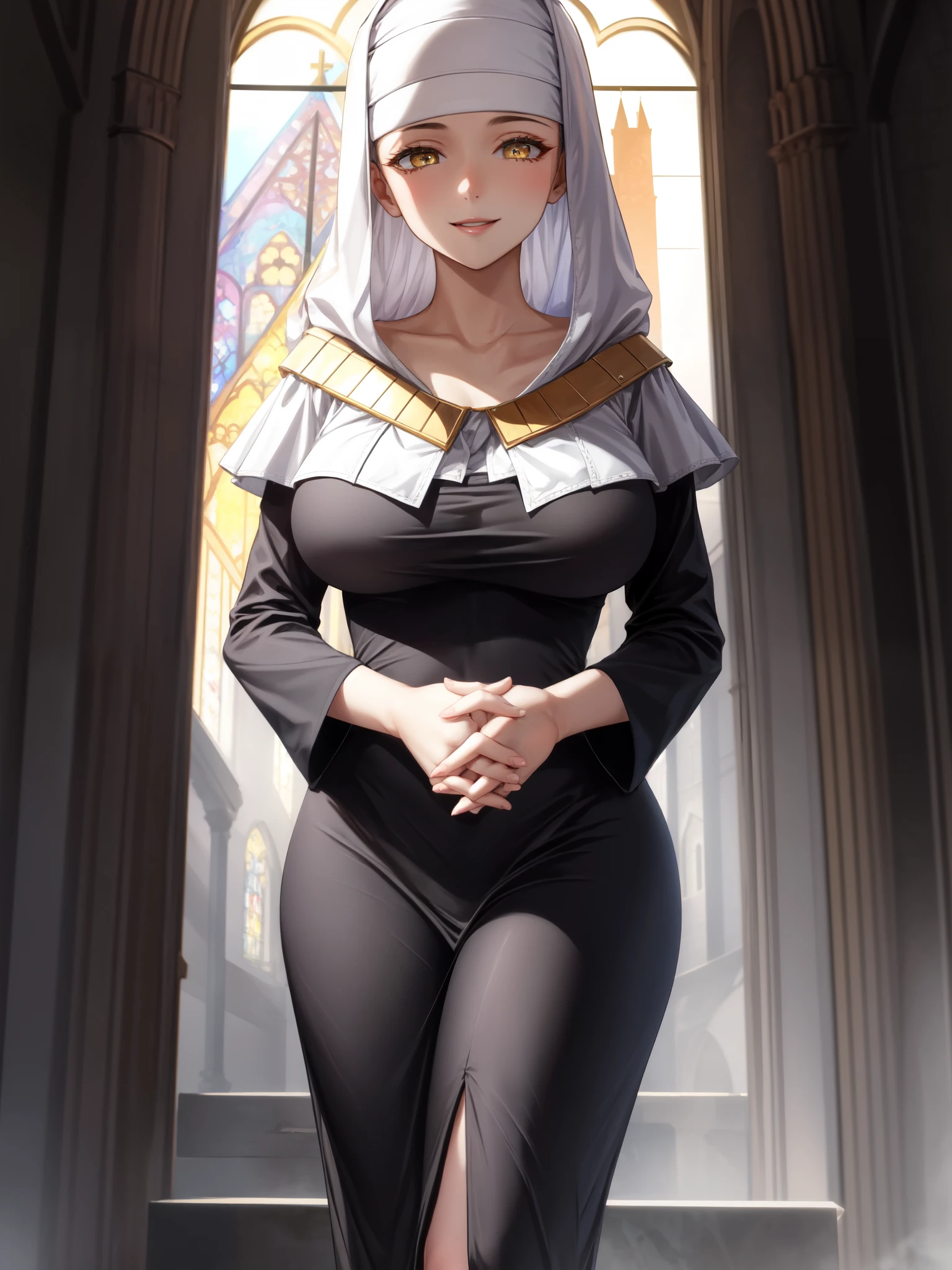 (masterpiece:1.2), best quality, high resolution, unity 8k wallpaper, (illustration), extremely detailed face, perfect lighting, extremely detailed CG, (beautiful detailed eyes:1.2), 1girl, solo, kiara, nun, habit, yellow eyes, black dress, standing, huge breasts, cowboy shot, detailed lips, closed mouth, collarbone, church, looking at viewer, mature woman, smile, taut dress, [perfect hands, detailed hands, perfect fingers:1.2, detailed fingers:1.2, five fingers:1.4], ((prayhands, interlocked fingers, own hands together))